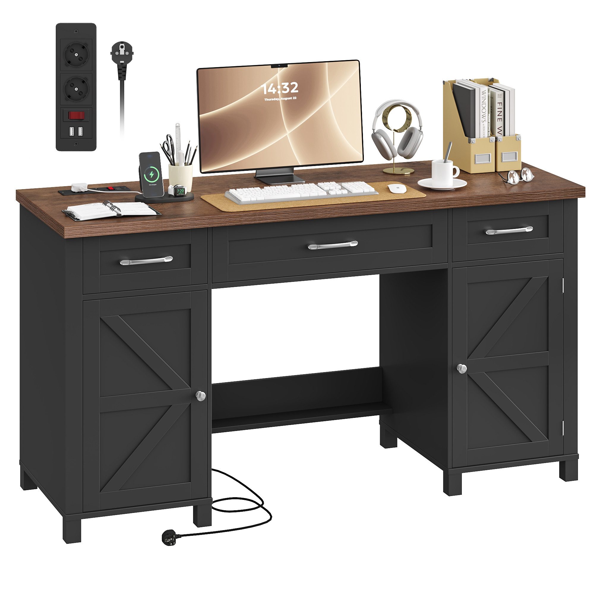 Homfa Schreibtisch mit Schubladen Bürotisch Computertisch mit Steckdose, Schminktisch mit Stauraum, 2 Steckdose und 2 USB, 150x48x80 cm schwarz