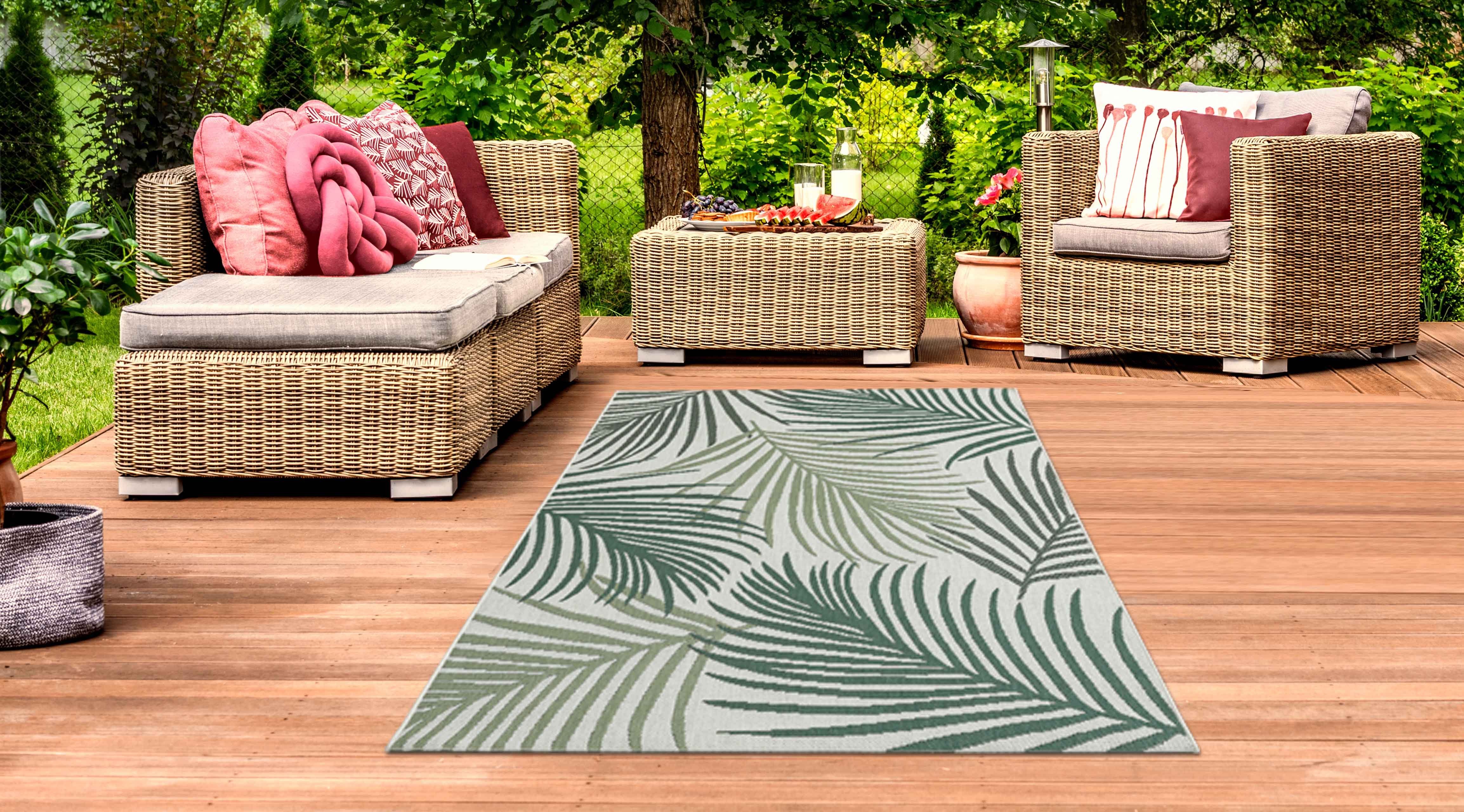 mm TeppichHome24, Teppich In- grün Sisal Palmenzweige Outdoorteppich & Optik rechteckig, auf 5 Höhe: Outdoor in sandfarbe,