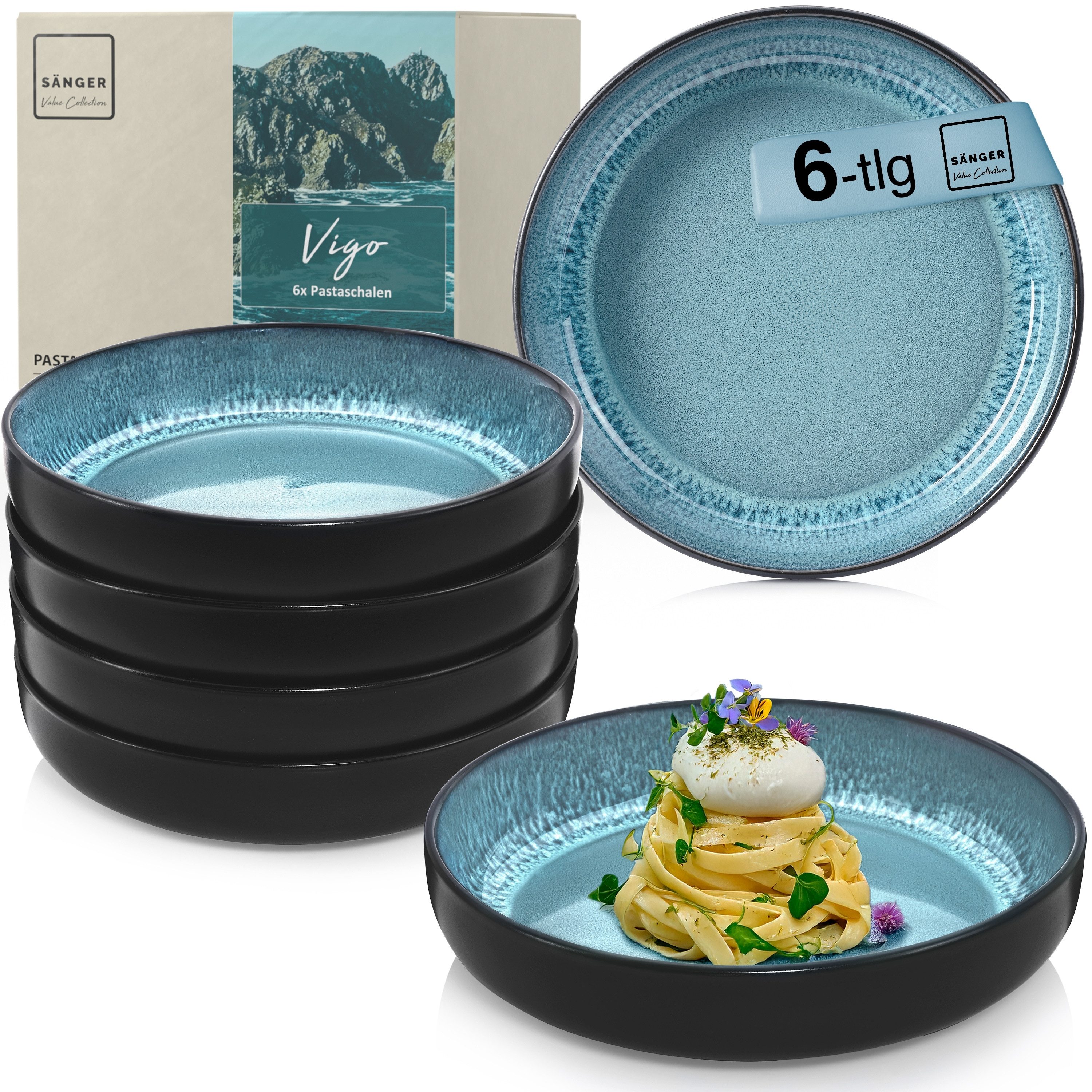 SÄNGER Teller Vigo, (6 St), Pastaschalen Set, Steingut, Handmade, Blau-Schwarz, VALUE COLLECTION