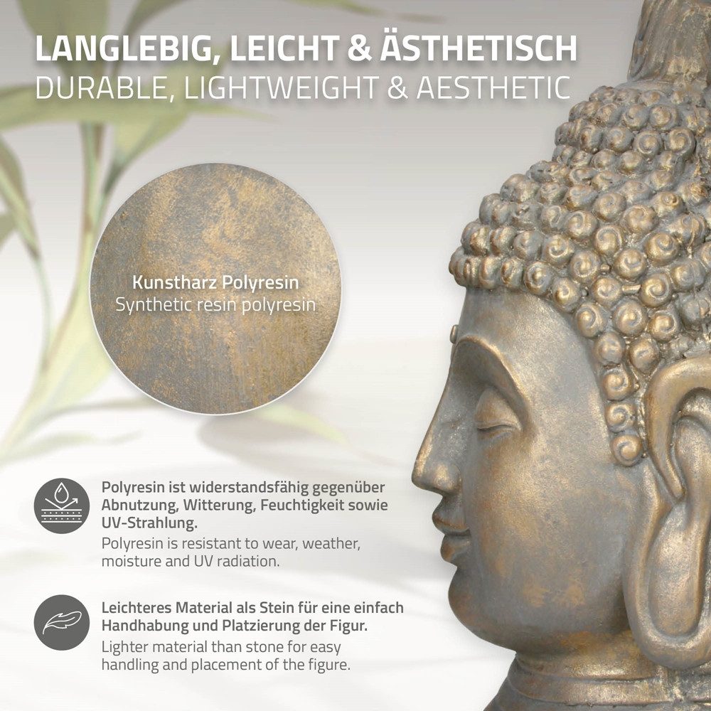 ECD Germany Dekofigur Deko Buddha Kopf Statue für Yoga, Feng-Shui, Haus, Wohnung & Garten, Bronzeoptik aus Polyresin, Gartenfigur Skulptur Dekoration Innen/Außen
