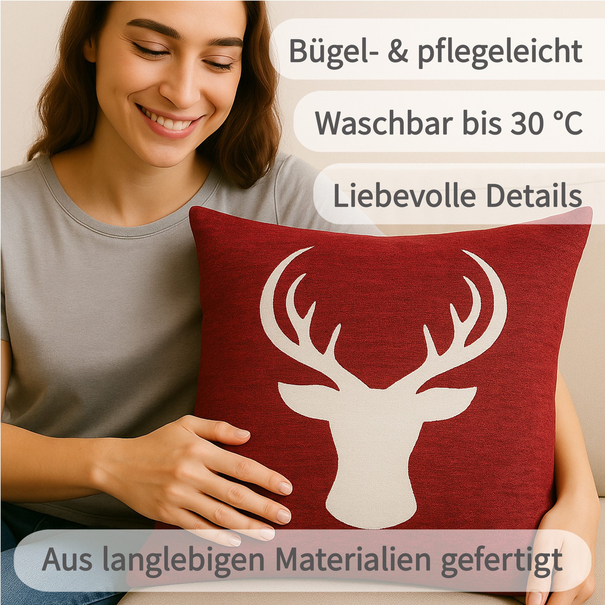 matches21 HOME & HOBBY Kissenbezüge 4er Set Kissenhüllen 40x40 cm Winterwald mit Fuchs, Hirsch als Deko, (4 Stück), Zierkissen-Bezüge für Sofa-Kissen, Couch-Kissen