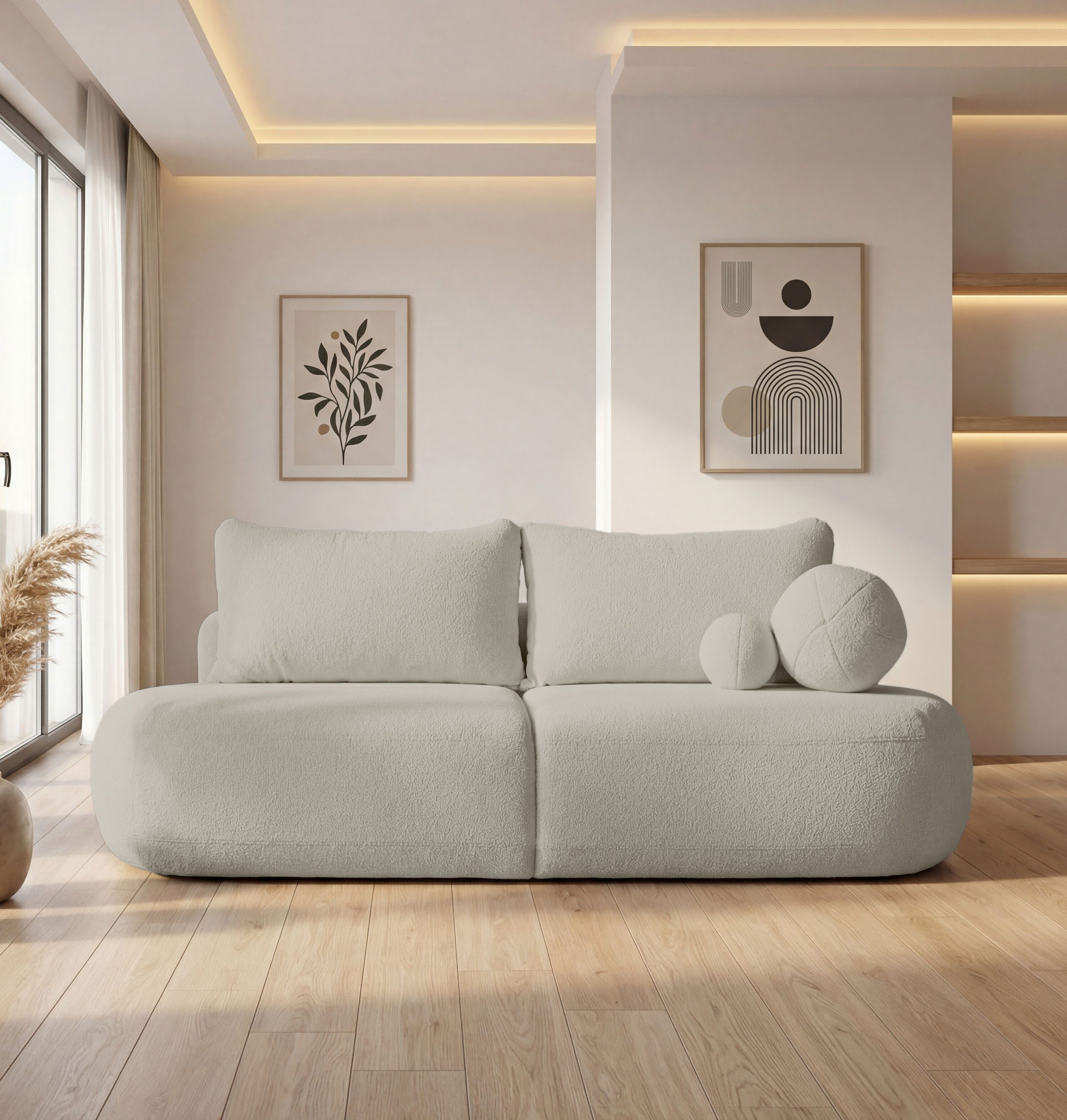 WFL GROUP Schlafsofa Bolla mit Bettkasten – 3 Sitzer Couch mit Schlaffunktion, Bettfunktion, MADE IN EU, Schlaffläche 160 × 200 cm, Skandinavische Polstercouch mit Rücken- und Dekokissen, Weicher Boucle