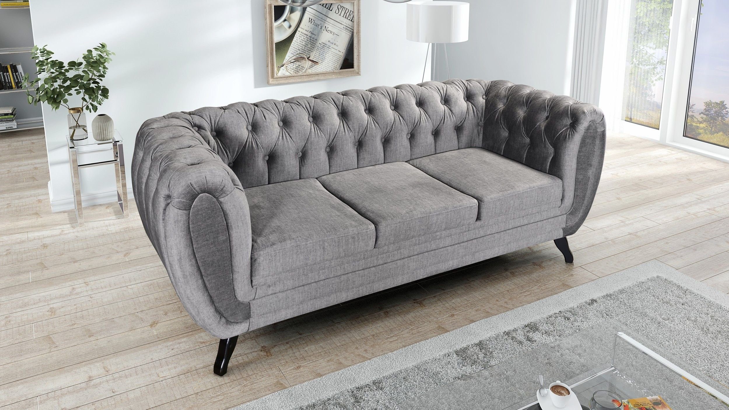 Küchen-Preisbombe Sofa Edles Sofa 3 Sitzer Velours grau Couch Polstersofa Wohnlandschaft, Chesterfield Sofa