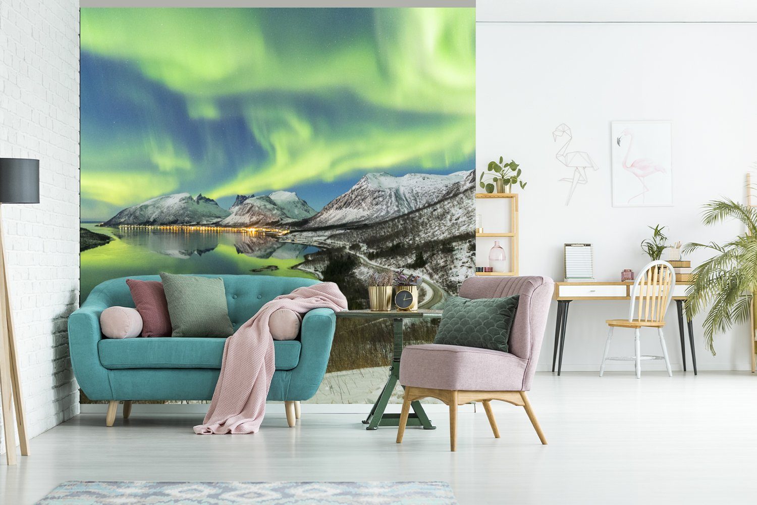 MuchoWow - Fjord Küche, Fototapete - (4 Matt, Vliestapete bedruckt, Schlafzimmer Norwegen, für St), Nordlichter Wohnzimmer Fototapete