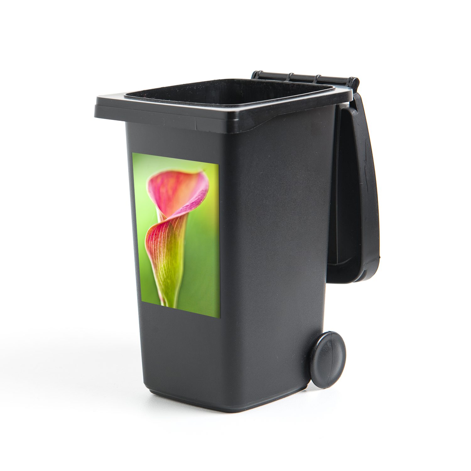 MuchoWow Wandsticker Bunte Calla-Blume auf grünem Hintergrund (1 St), Mülleimer-aufkleber, Mülltonne, Sticker, Container, Abfalbehälter