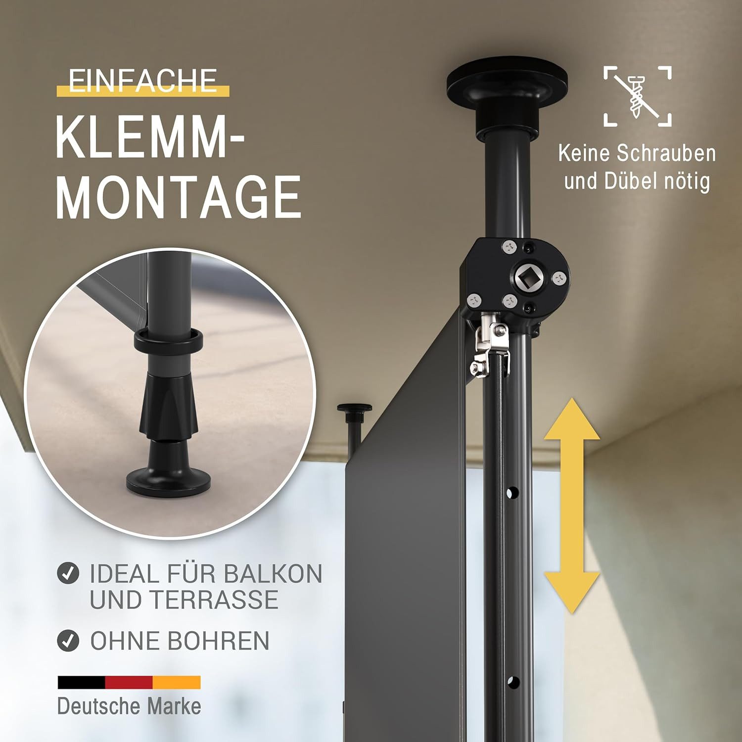 Sol Royal Markise Klemmmarkise Senkrechtmarkise außen KM5, 150x310cm, Anthrazit Markise ohne Bohren Windschutz Garten Handkurbel Wasserdicht