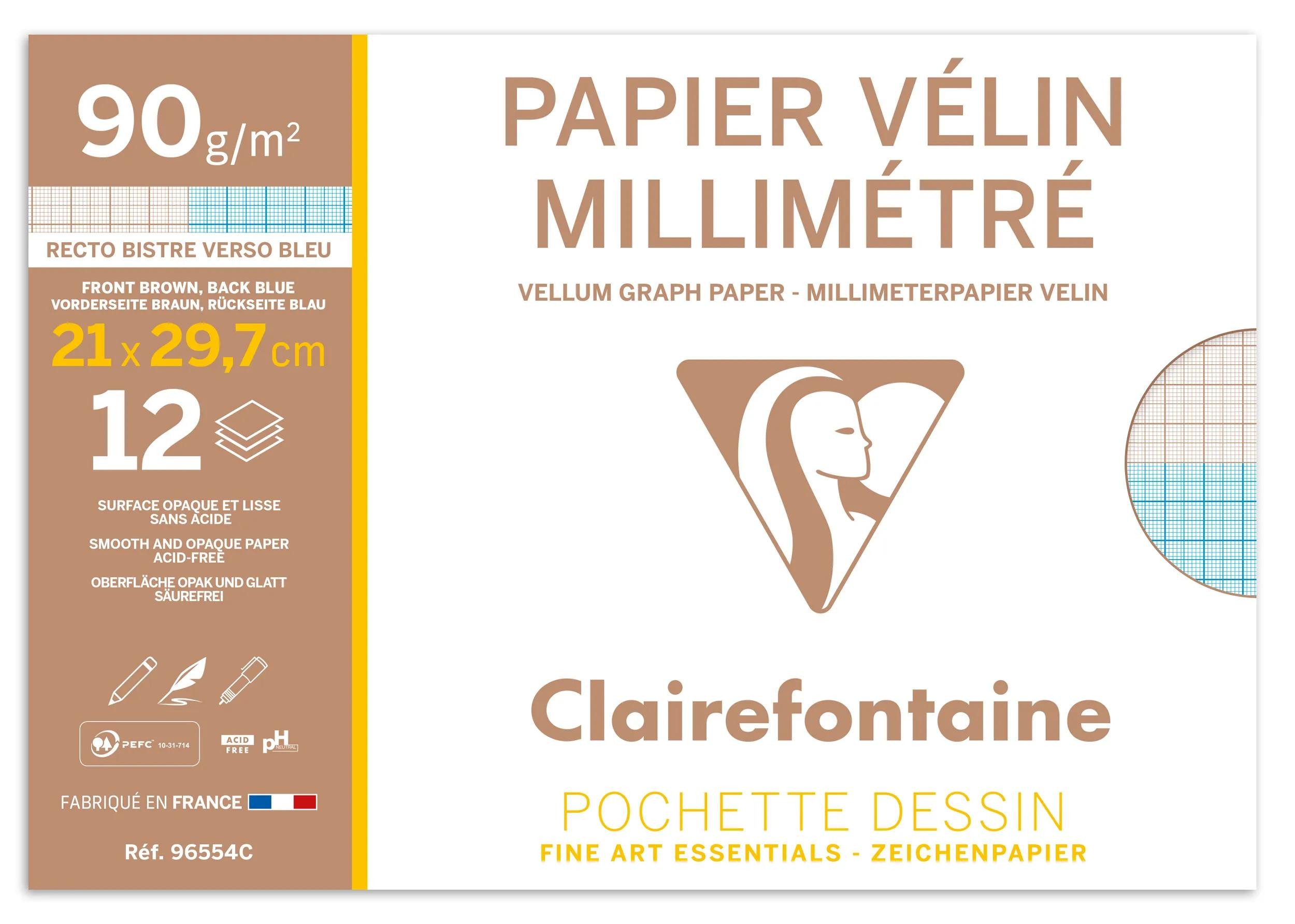 CLAIREFONTAINE Zeichenpapier 10x Millimeterpapier A4, Packung mit 12 Blatt 90g 96554C, Hüllen