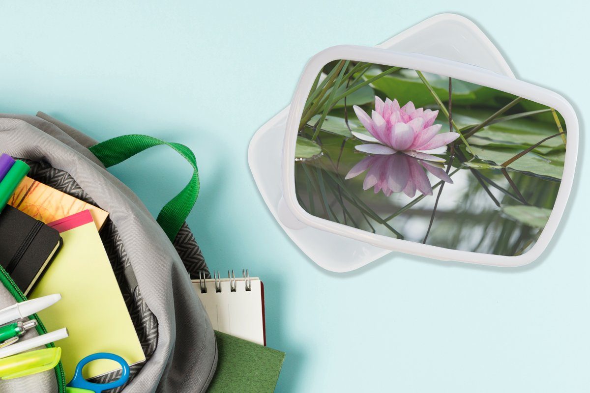 MuchoWow Lunchbox und für - Erwachsene, Jungs Kunststoff, Brotdose, für weiß (2-tlg), - Blumen Mädchen Wasser, Brotbox und Kinder Lotus