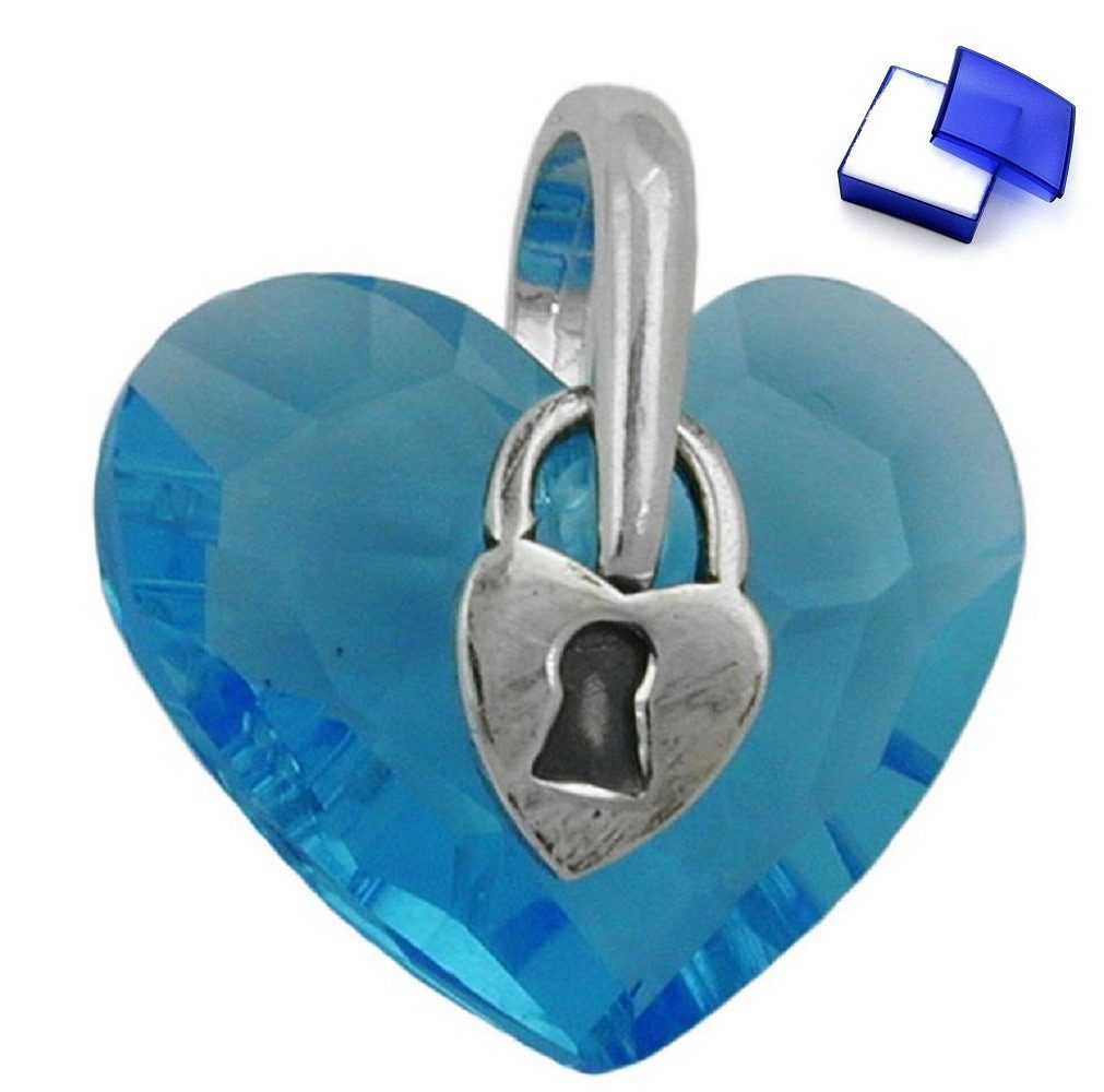 Herzanhänger Anhänger Herz 15 x 18 mm aus Glas mit Schloss Türkisfarbig 925 Silber