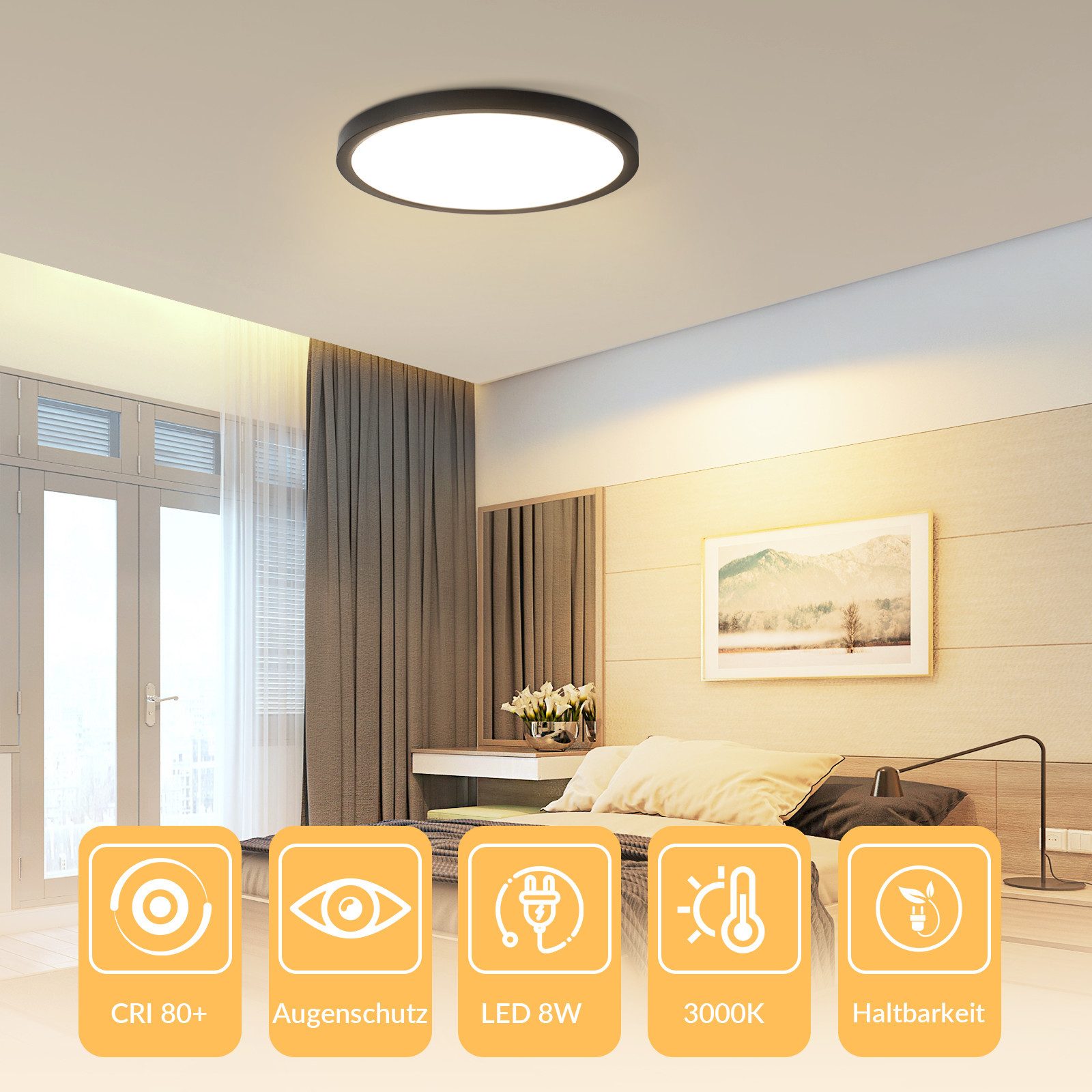 Nettlife LED Deckenleuchte Flach Schwarz 18cm 15W Küchenlampe Rund, LED fest integriert, 3000K Flurlampe für Schlafzimmer Flur – Bild 3 von 5