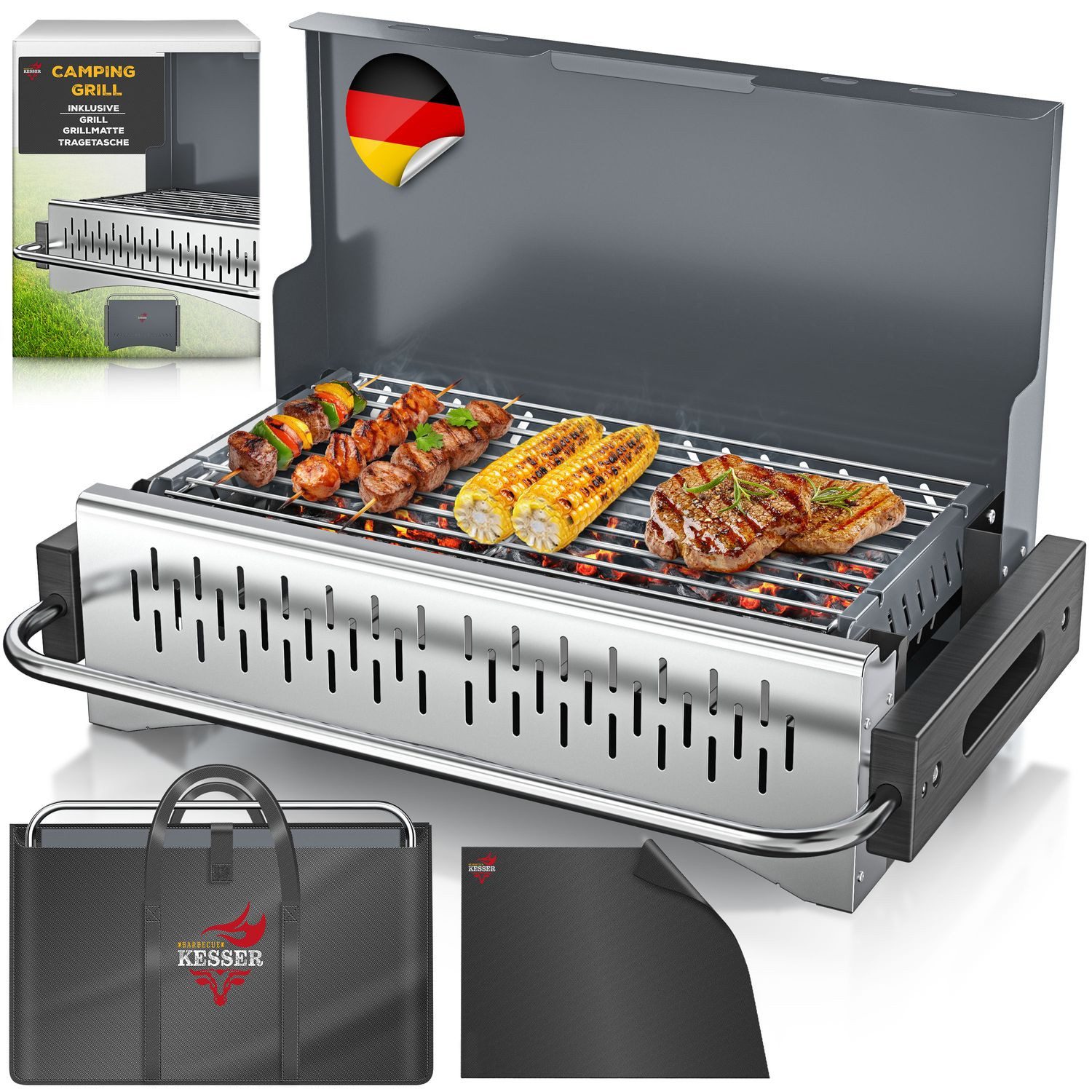 KESSER Holzkohlegrill tragbarer Campinggrill aus pulverbeschichtetem Stahl, Grillset - Klappgrill inklusive Grillrost, Grillmatte & Tragetasche, Tischgrill Outdoor BBQ ideal für Camping, Picknick & Angeln