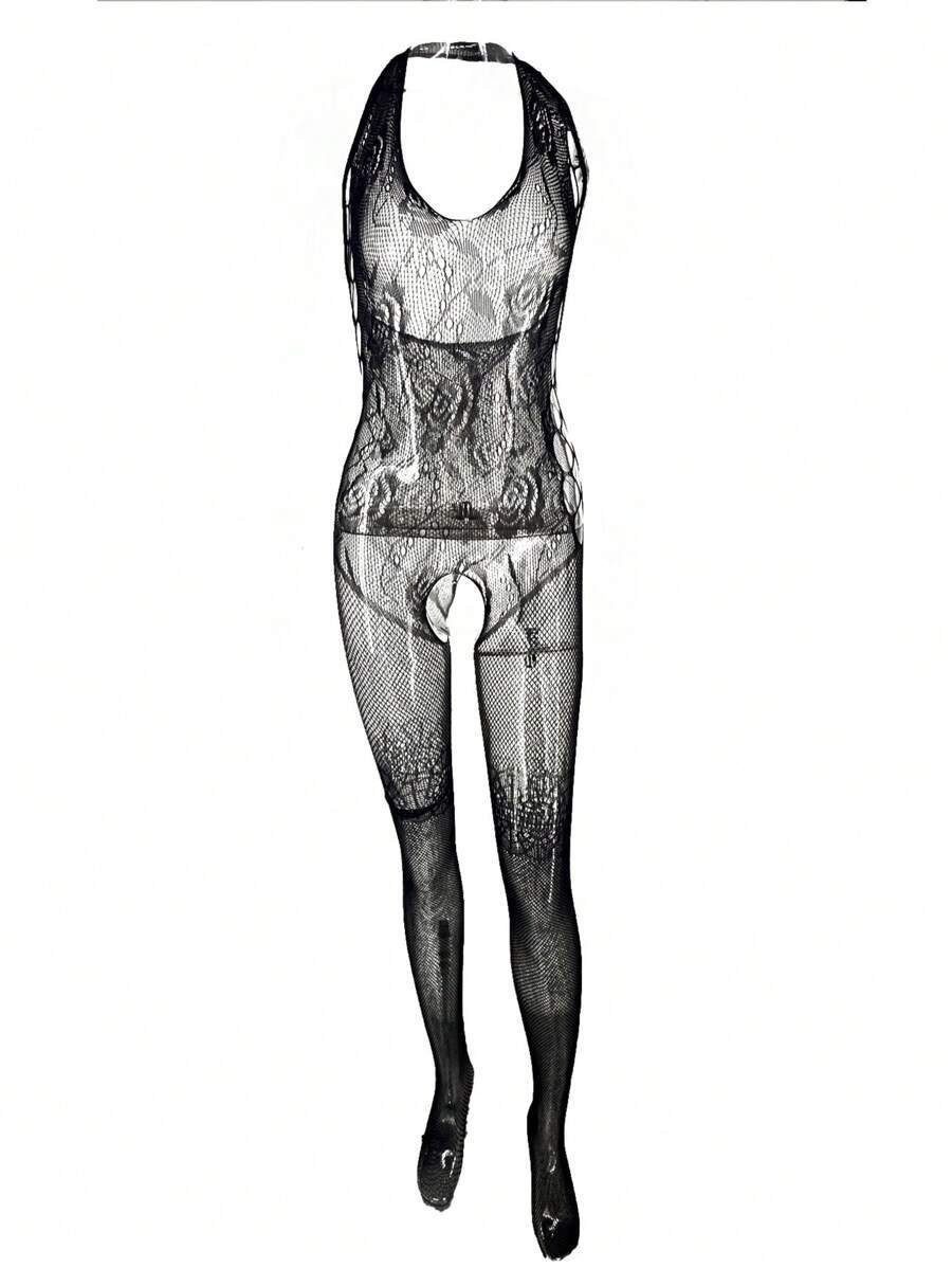 Elegant Love Bodystocking-Ouvert Sexy Netz-Bodystocking mit Ouvert, Strumpfbody, rückenfreie Dessous (1 St) Neckholder-Fischnetz-Body – Feine Reizwäsche mit offenem Schritt