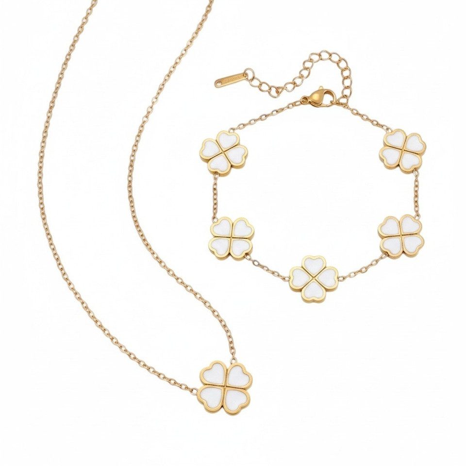 KARMA Schmuckset Halskette & Armband Klee Gold Schwarz od. Weiß (Abendmode Accessoires, 2-tlg., Armschmuck Wasserfest Hypoallergen), 2er Set Edelstahl vergoldet Damenarmband und Kette