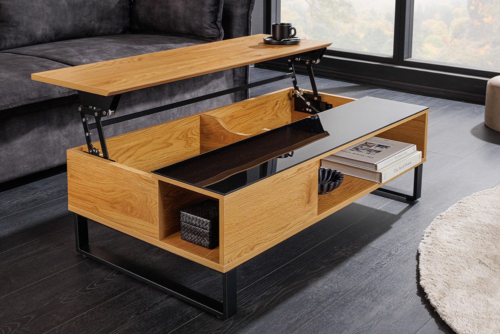 riess-ambiente Couchtisch APARTMENT 110cm natur/schwarz- Eiche, Glas, Stauraum, höhenverstellbar (Einzelartikel, 1-St), verstellbarer Couchtisch mit Kufen-Metallgestell - ideal f. Wohnzimmer