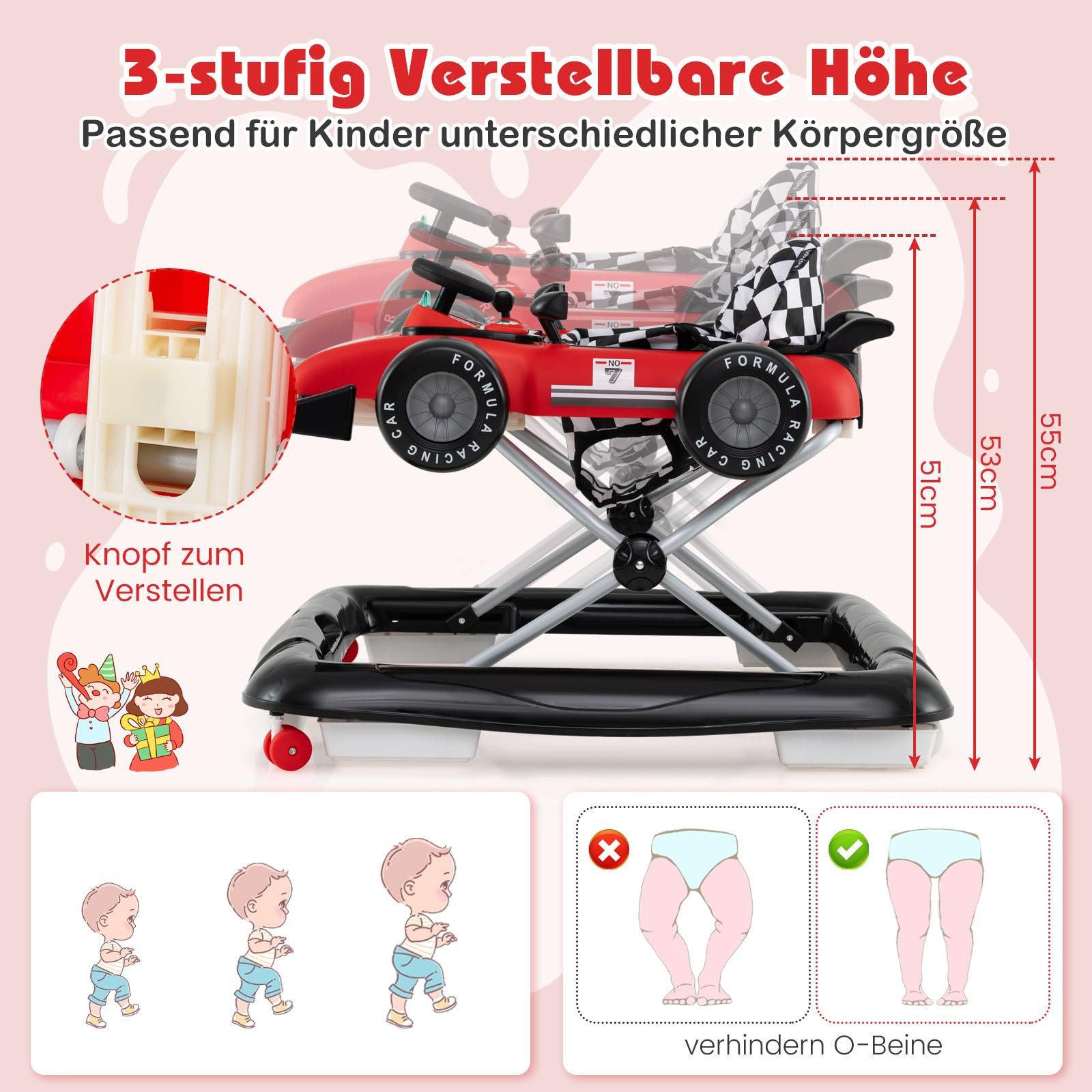 COSTWAY Lauflernhilfe, 4 in 1 Lauflernwagen mit Lenkrad & Spieluhr