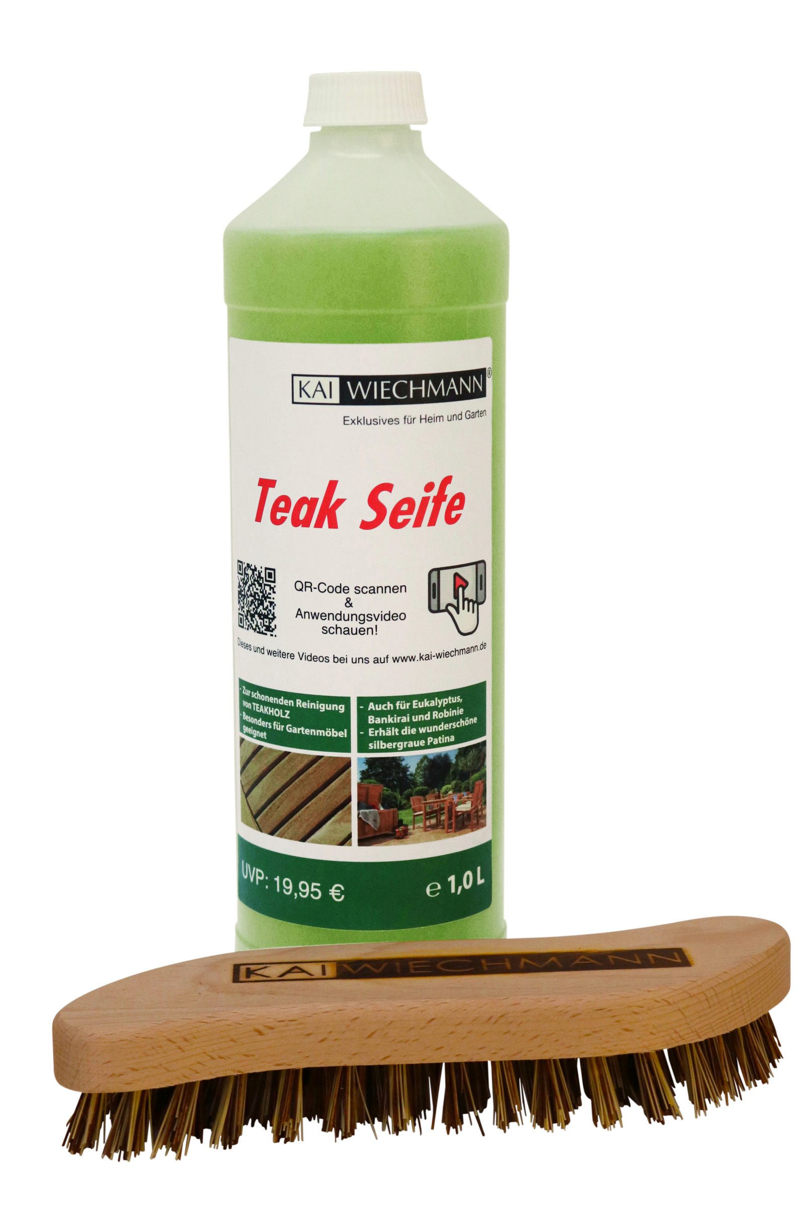 Kai Wiechmann Gartenpflege-Set Teak Seife 1 Liter mit hochwertiger Wurzelbürste, milder Teak Reiniger, schonende und umweltverträgliche Teakholz Seife