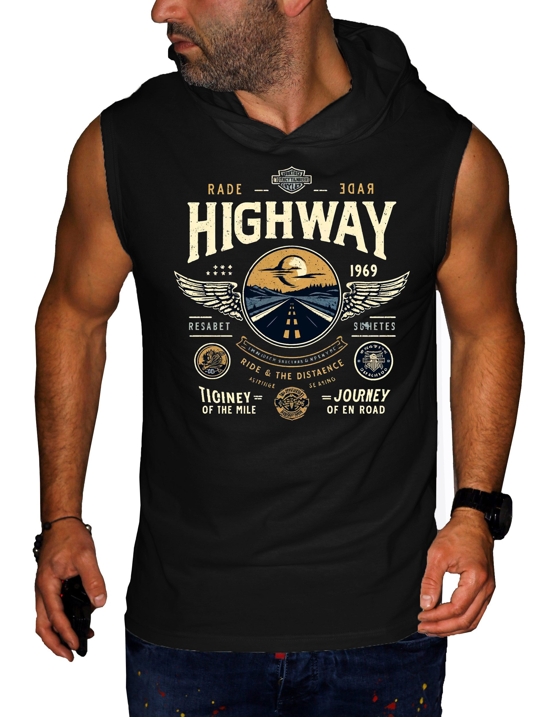 RMK Tanktop Herren Shirt Muskelshirt Gym Ärmellos mit Highway Motorrad aus Baumwolle