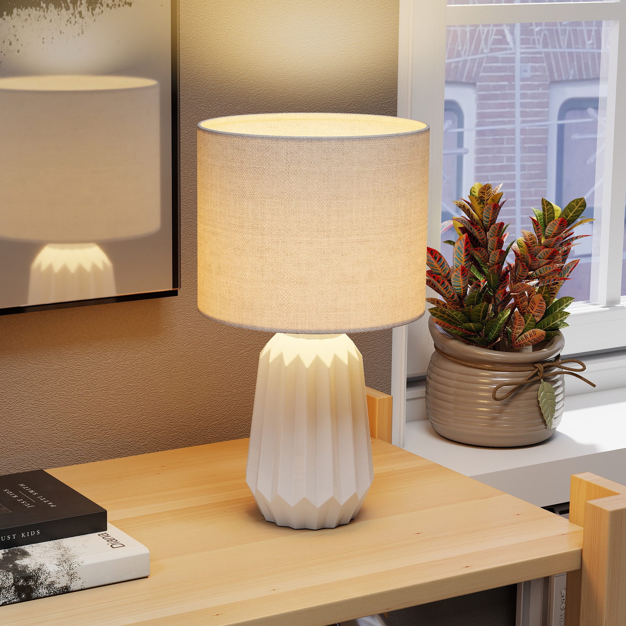 HOMCOM Tischleuchte Nachttischlampe mit Leinenschirm, Wippschalter, ohne Leuchtmittel, für Schlafzimmer Wohnzimmer, Weiß