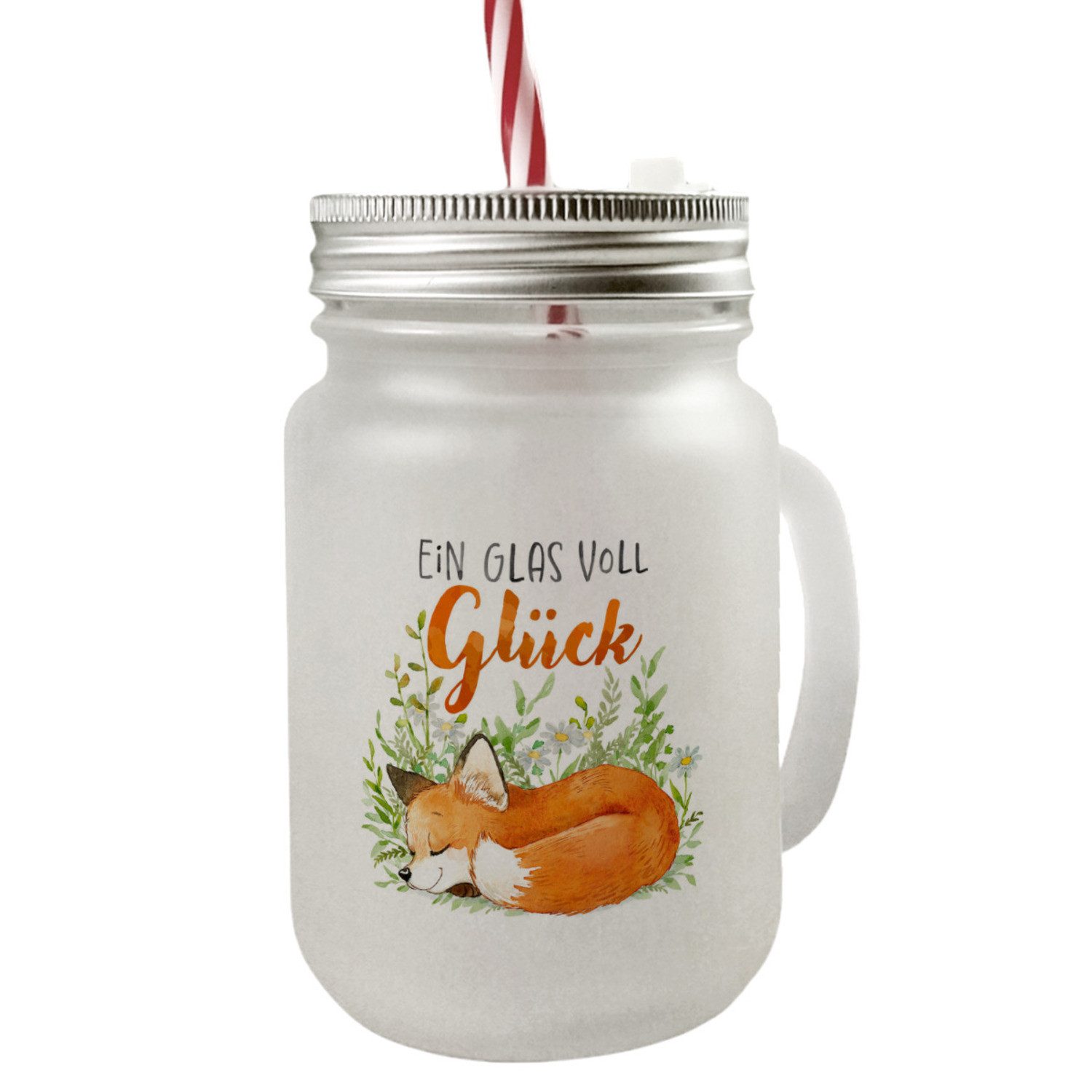 Glas Fuchs Mason Jar Henkel Trinkglas mit Deckel Spruch Ein Glas voll