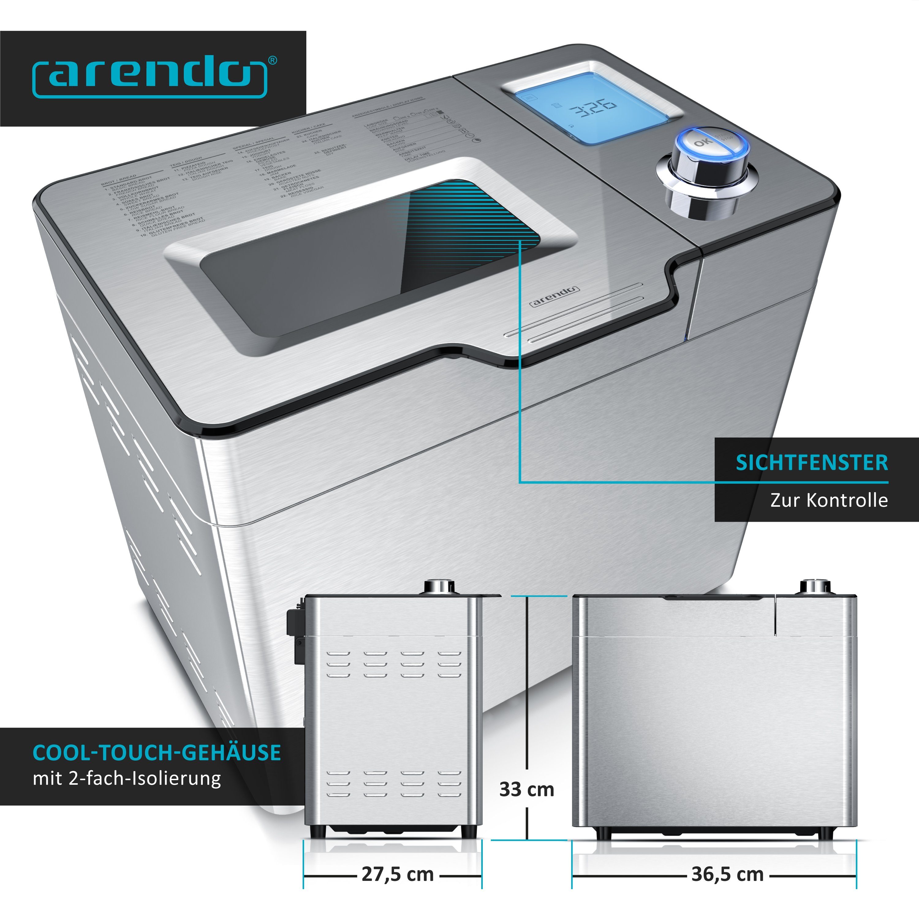 Arendo Brotbackautomat Brotbackautomat 25 Programme, automatisches Zutatenfach, 1kg Kapazität, 25 Programme, 550 W, glutenfreies Backen, Joghurtfunktion, BPA-frei, Direktantrieb
