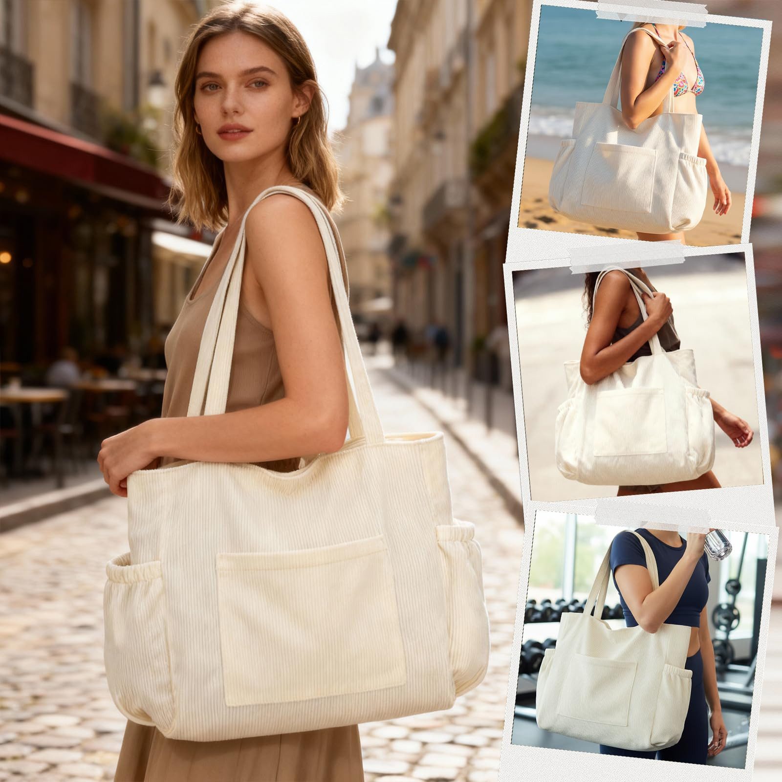 nsihing Umhängetasche Cord Tasche Damen, Groß Tote Bag Strandtasche mit Reißverschluss, Shopper Tasche, Elegant Handtasche für Arbeit Schule Gym – Bild 2 von 5