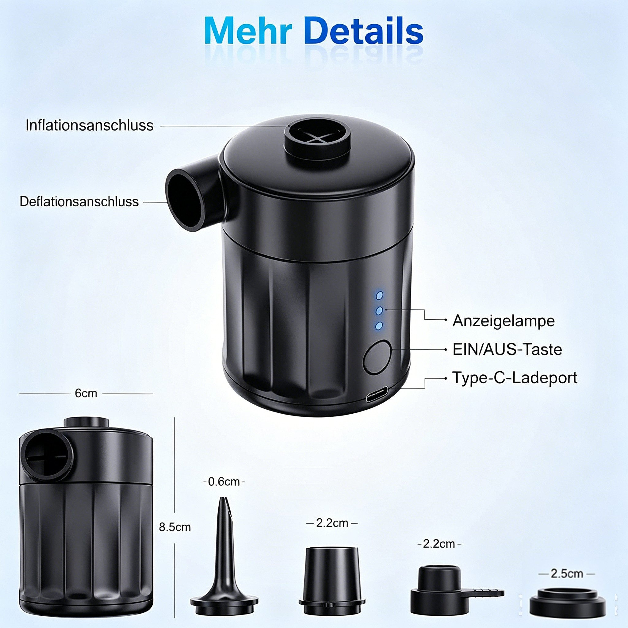 ibettertec Akku-Luftpumpe Akku-Luftpumpe Elektrische Luftpumpe 5Kpa Schnell Inflator mit 4 Düsen (Set, 4 Luftdüse, Ladekabel, Aufbewahrungstasche, Luftpumpe), 2 – Bild 4 von 5