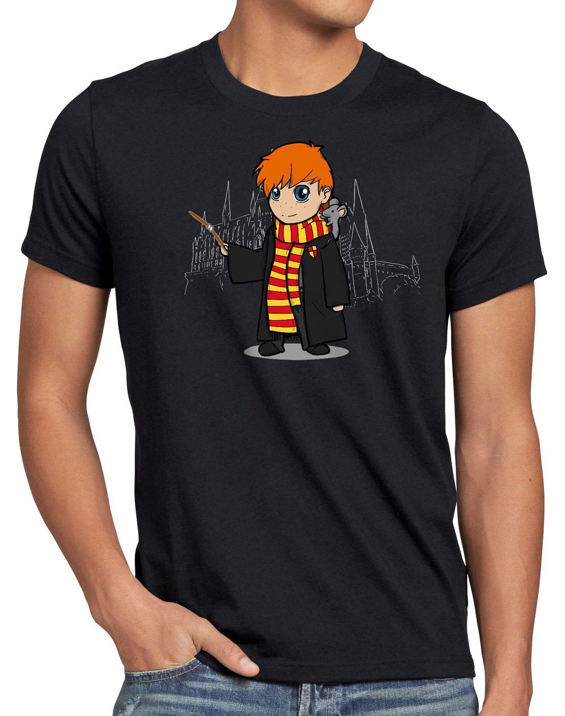Herren schwarz anime manga style3 Chibi T-Shirt zauberei Ron Print-Shirt
