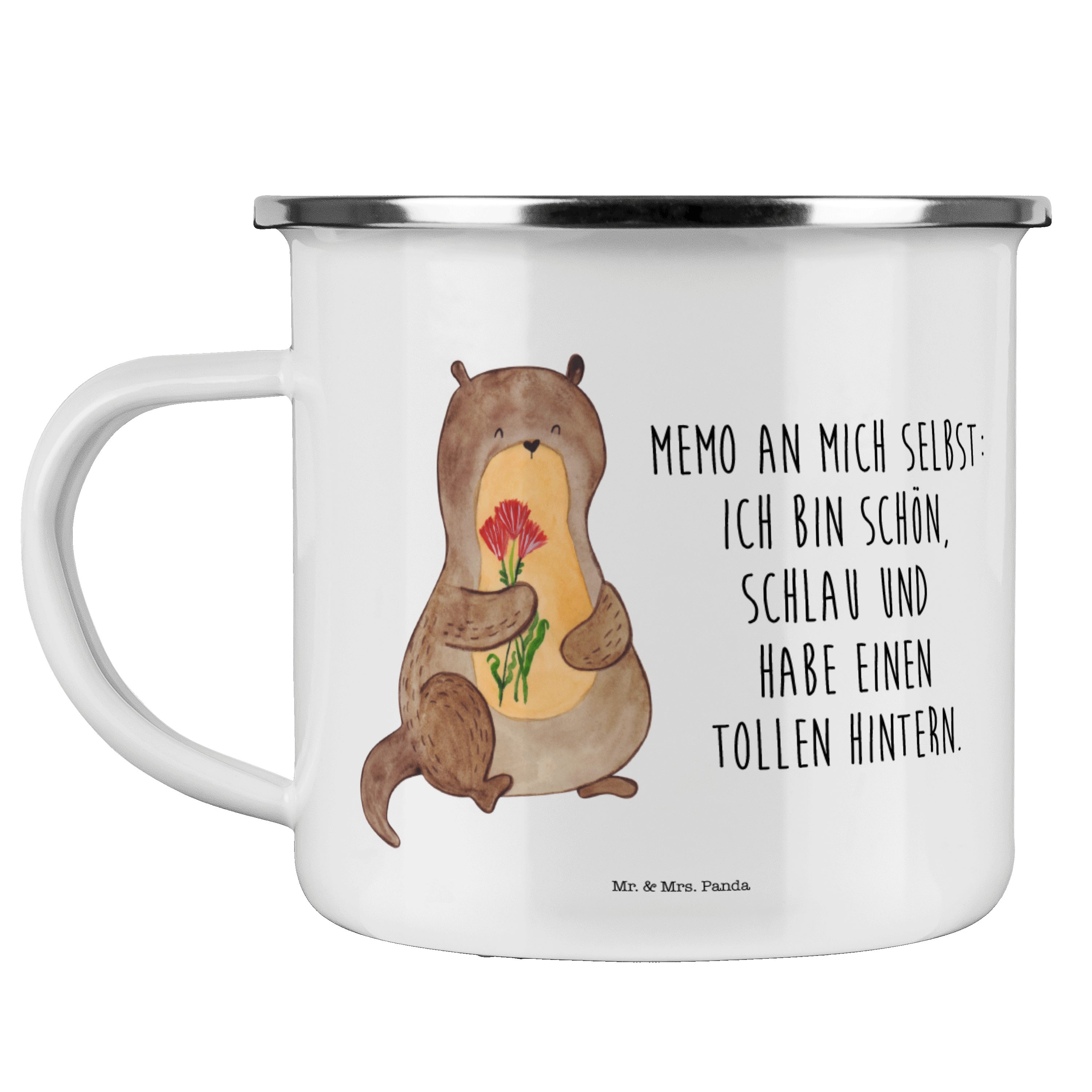 Weiß Emaille Panda Mrs. Otter - Geschenk, Mr. Blumenstrauß Se, Becher Seeotter & Otter - Campingtasse,