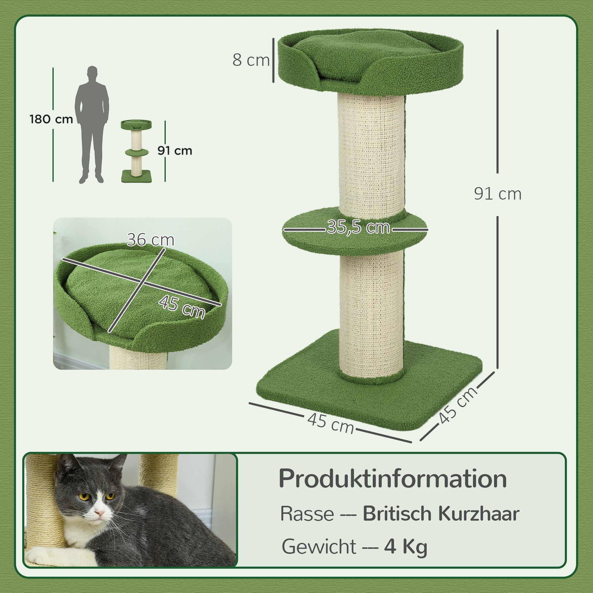PawHut Kratzbaum mit Sisalstämme, Plattform, Kissen, für mittelgroße Katzen unter 5 kg, Grün