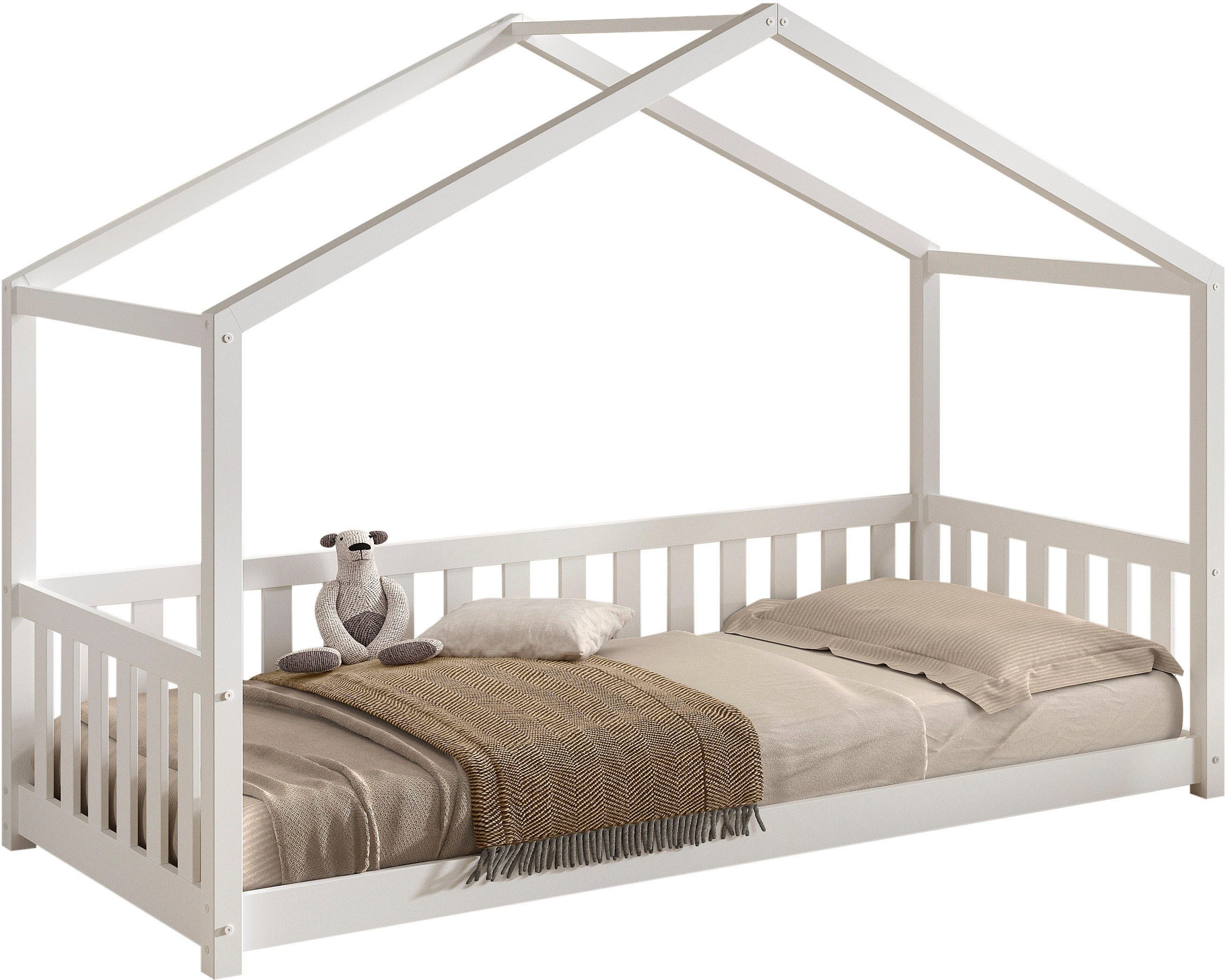 Vipack Hausbett Dallas, Massivholzbett mit Dachaufbau umbaubar vom Boden- zum Daybett (inkl. Rolllattenrost und Sprossenumrandung, 90 oder 140x200 cm breit), stabil und standfest gebaut, wahlweise Kiefer massiv natur oder weiß