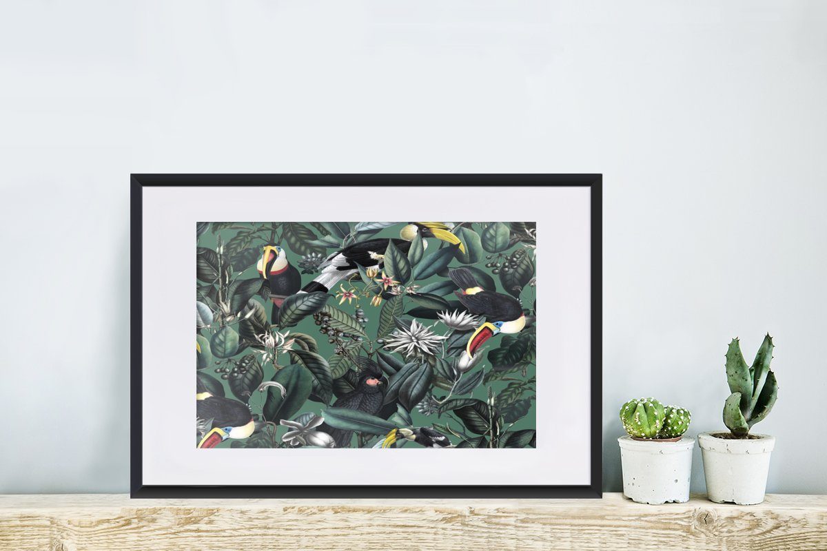 MuchoWow Poster Blumen - Collage, (1 Poster, - Rahmen, Kunstdruck, St), Gerahmtes Schwarzem Vogel Bilderrahmen mit