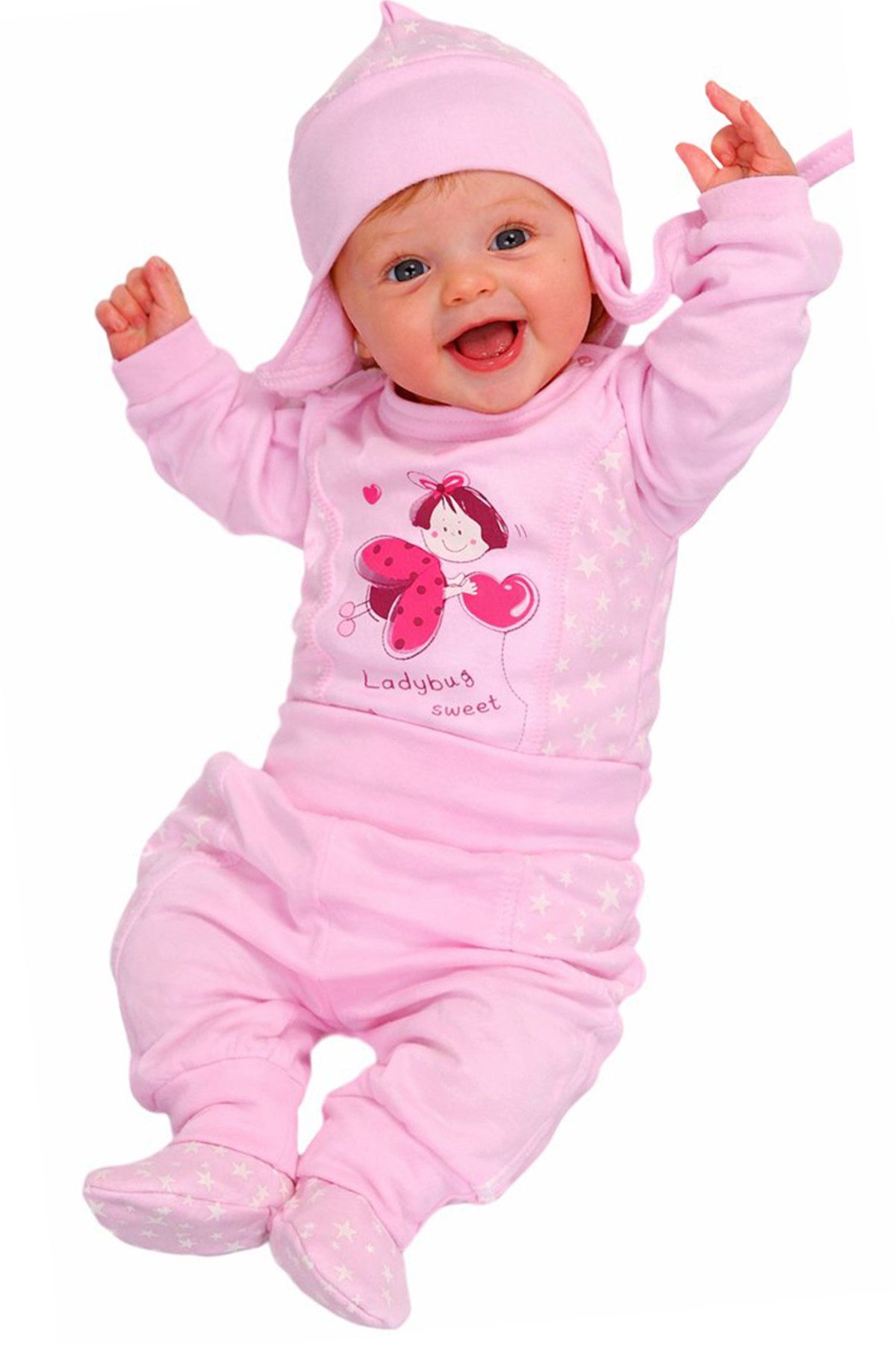 Body & Hose Baby Anzug 3tlg Langarmbody Mütze Schlupfhose in Rosa mit Käfer