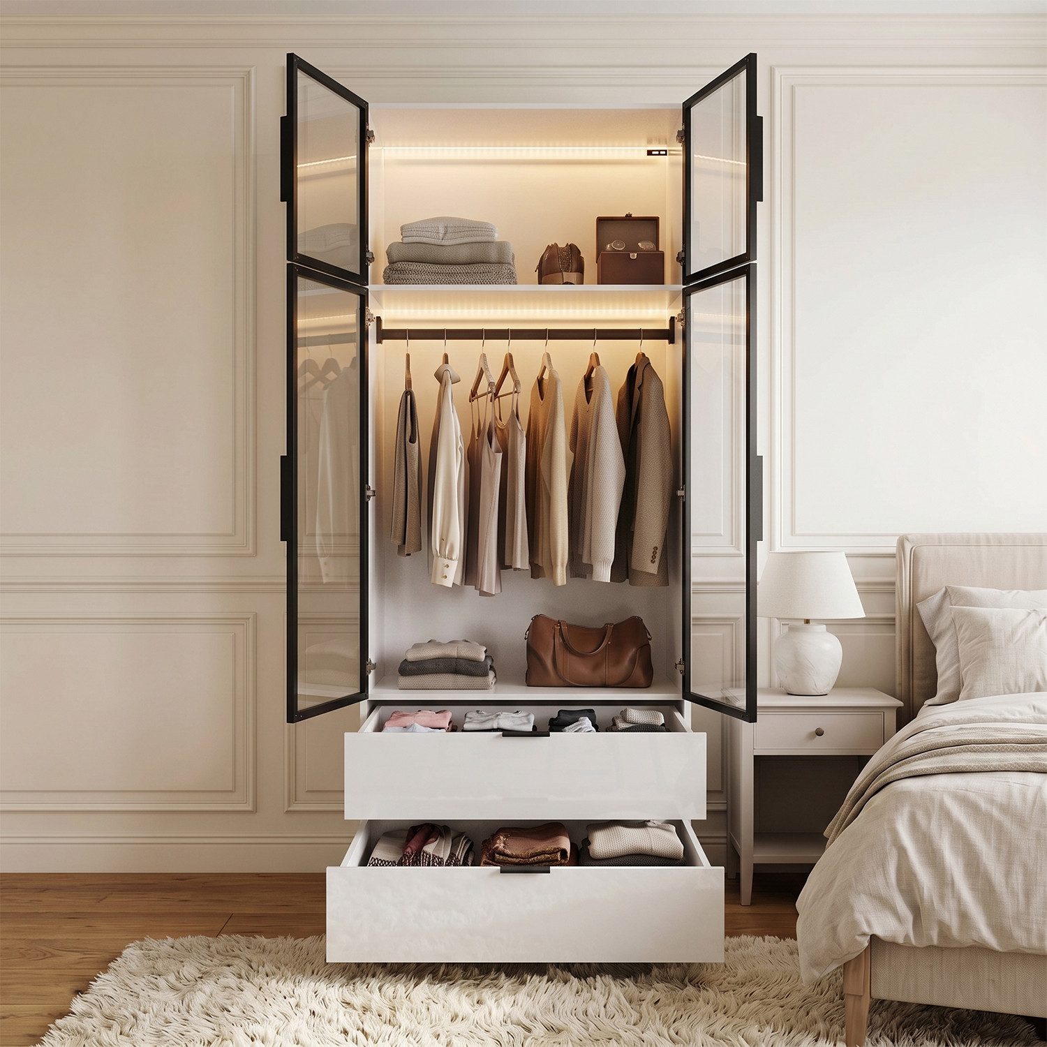 FUFU&GAGA Kleiderschrank 220 cm hoch, Aluminiumrahmen, Glastüren, LED, Hochglanz weiß (1-St)