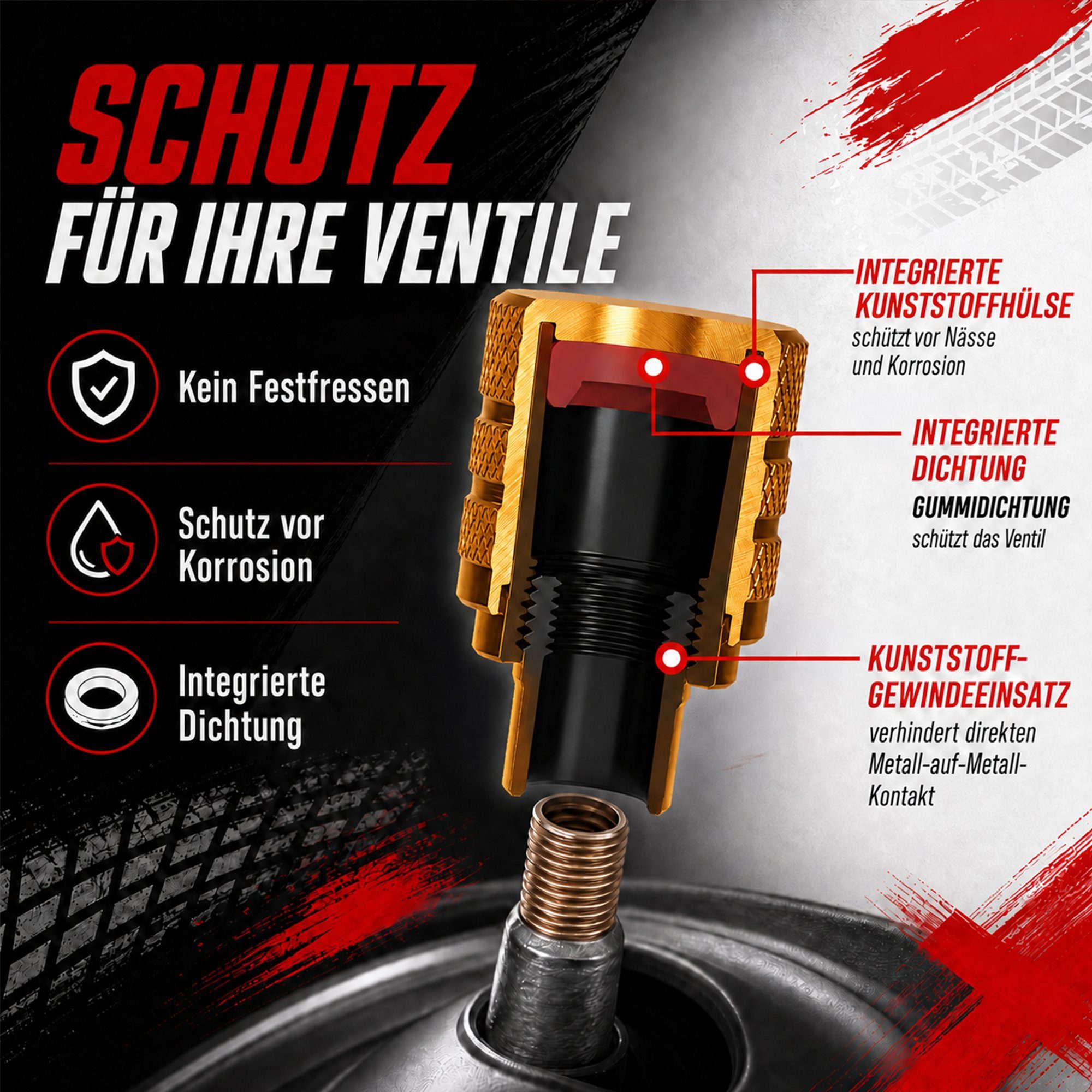 Pitlane Performance Ventilkappe Alu-Ventilkappen für Schrader-Ventile, (Ventilkappen-Set, 4-St., 4 Stück aus Aluminium), Korrosionsschutz und innenliegende Dich – Bild 3 von 5
