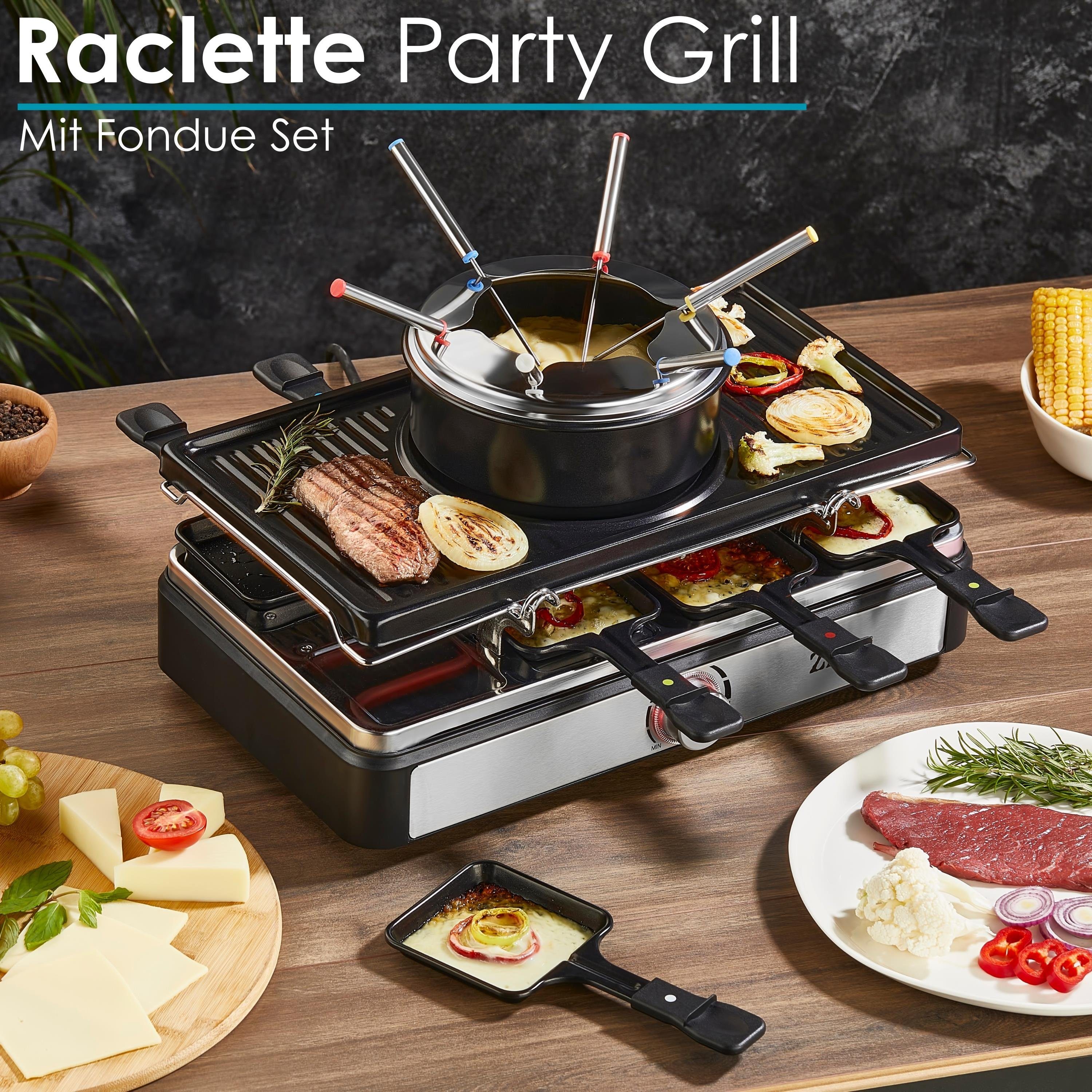Zilan Raclette und Fondue-Set ZLN-8856, 8 Raclettepfännchen, 1400 W, 3 in 1 Raclett/Grill/Käsefondue,8 Personen,Antihaftbeschichtet