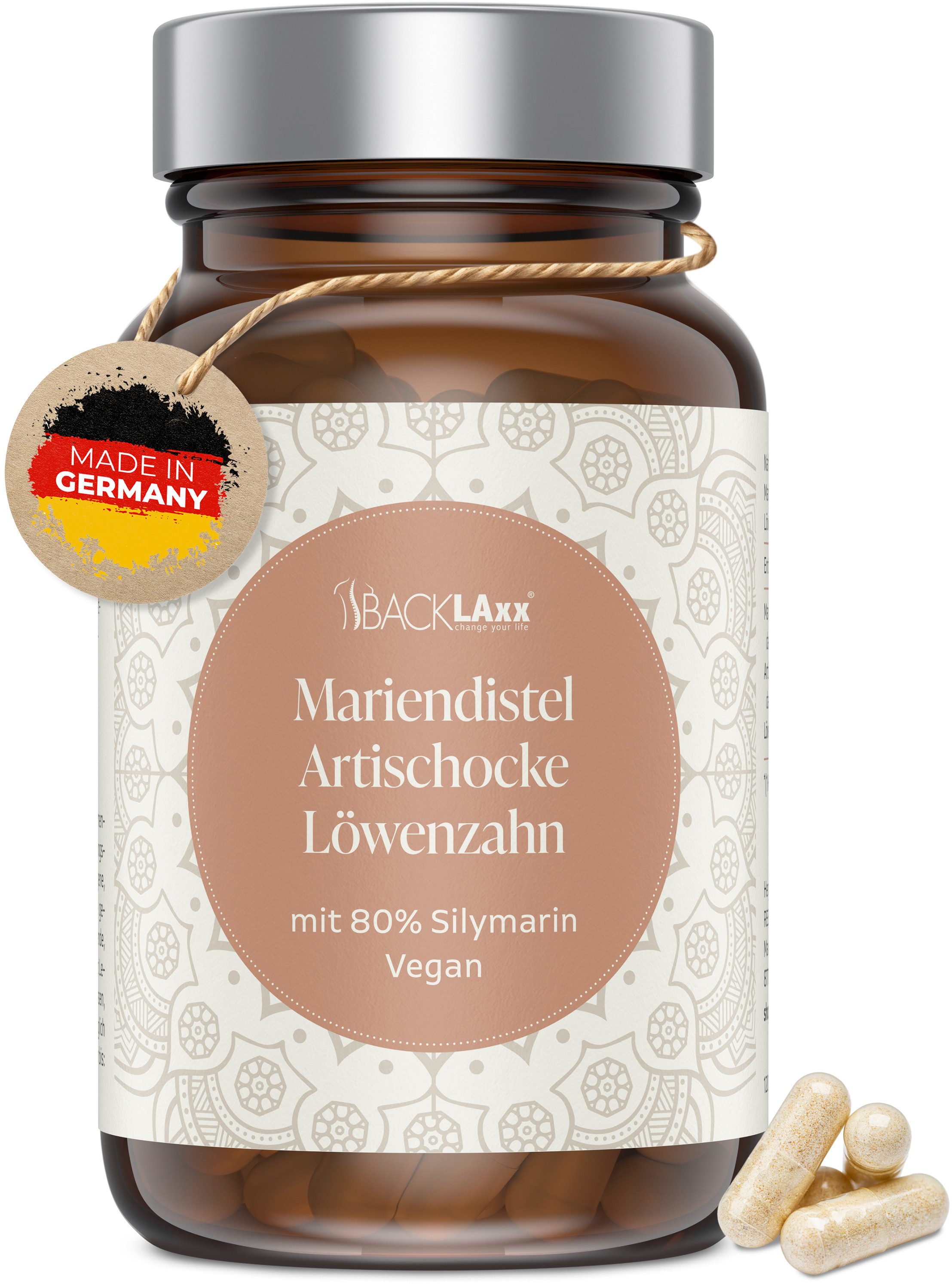 BACKLAxx® Mariendistel mit Artischocke & Löwenzahn, 120 Kapseln – vegan Kapseln, 72 g