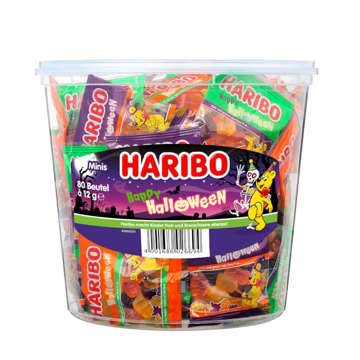 HARIBO Süßigkeit, Haribo Happy Halloween Minibeutel 80 Stück Fruchtgummi Packung 960g