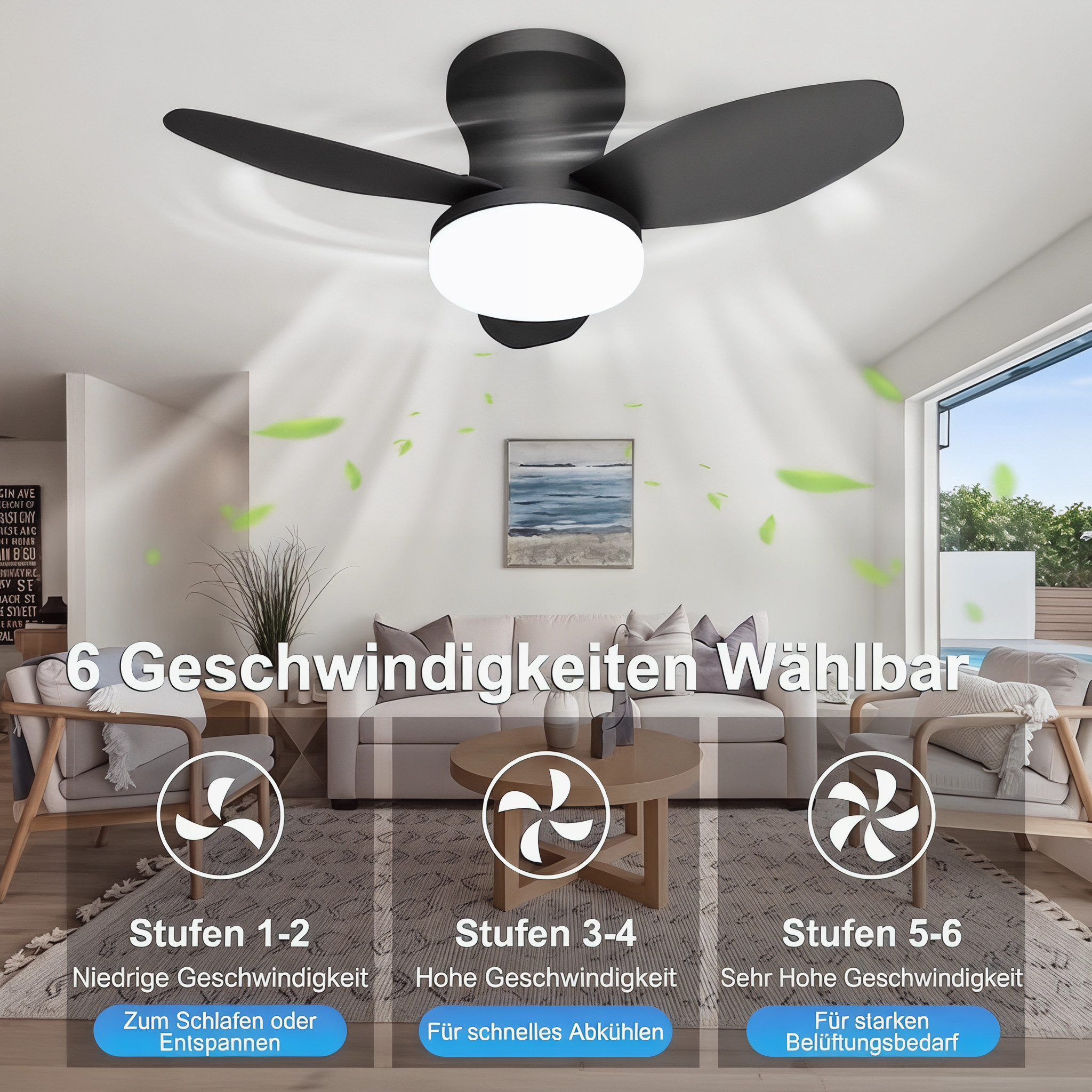 oyajia Deckenventilator 50W 3 Flügeln Deckenventilator mit Beleuchtung, LED Deckenleuchte 66cm, Dimmbare Deckenleuchte mit Fernbedienung für Schlafzimmer, Wohnz – Bild 4 von 5