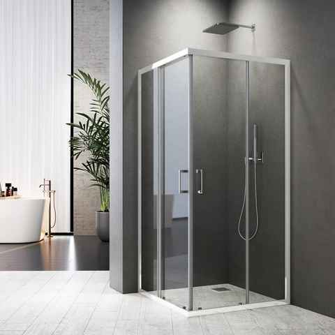 Boromal Eckdusche Schiebetür Glas Weiß Duschkabine Schwarz 90x90 75x90 90x75 80x80 H:185, BxT: 80x80 cm, 5mm Sicherheitsglas, 16 Türrollen, Easy Clean Funktion, Aluprofile, Alurahmen, Magnetdichtleisten, Rechts-und Links montierbar