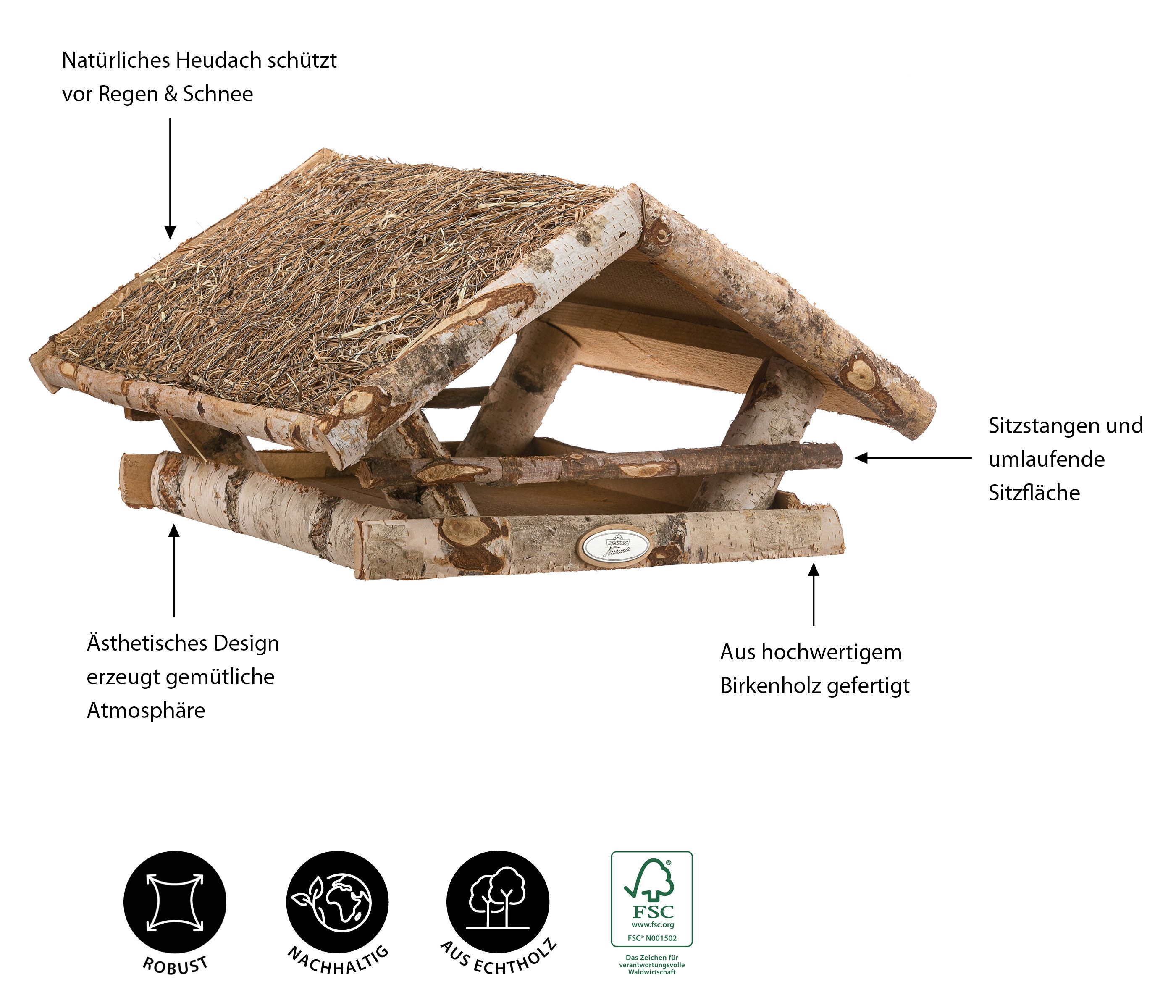 Dehner Vogelhaus Natura Futterhaus für Wildvögel, 130 x 112 x 108 cm, Birkenholz/Heu, Vogelhaus mit Heudach, inkl. passendem Ständer