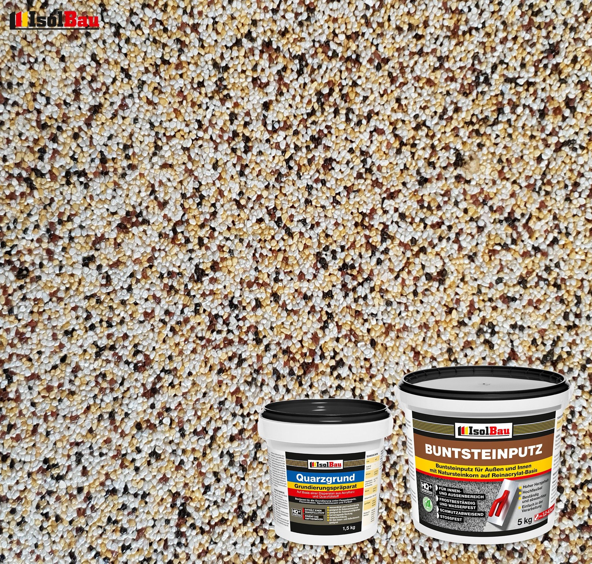 None Gipsputz Set Mosaikputz 5 kg Buntsteinputz BP50 Sockelputz + Quarzgrund 1,5 kg Körnung 1,8 mm; Trocknung 12–48h; Verbrauch 3,2–4,5 kg/m²