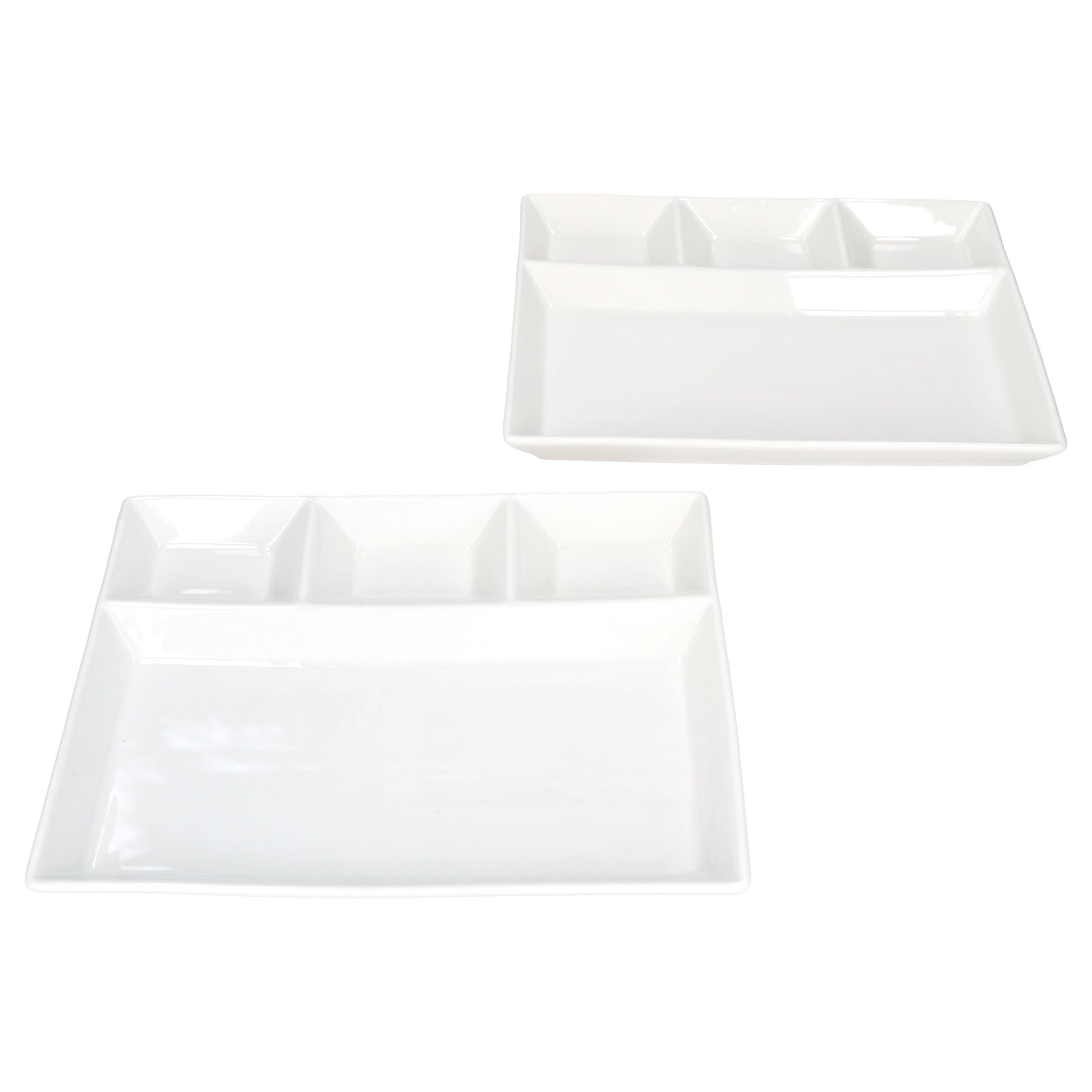MamboCat Frühstücksteller 2er Set Fondueteller weiß 23x18 cm mit 4 Fächern Raclette Fondue Dip