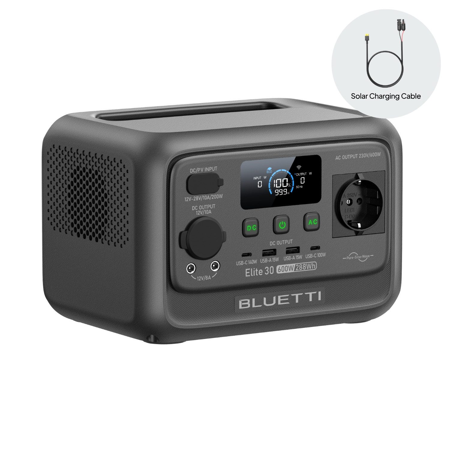 BLUETTI Stromerzeuger Elite 30 V2 Solargenerator 600W / 288Wh Tragbarer Powerstation, 0,6 in kW, (288 Wh LFP Batterie 6 AC Ausgang (Power Lifting 1500W), 0-100% in 70 Minuten, Solargenerator für Camping, Vans, Stromausfälle