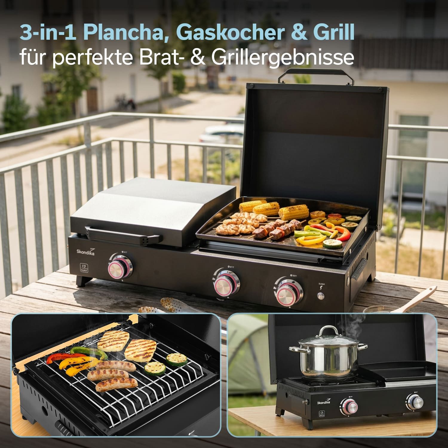 Skandika Gaskocher Plancha Grill Eldur 3-Brenner Plus, Deckel und Topfträger inklusive, (Dimensionen 83×50×25cm, Fettabtropfschale unter der Platte), tragbarer Gasgrill mit Kochplatte, Elektrische Pulszündung