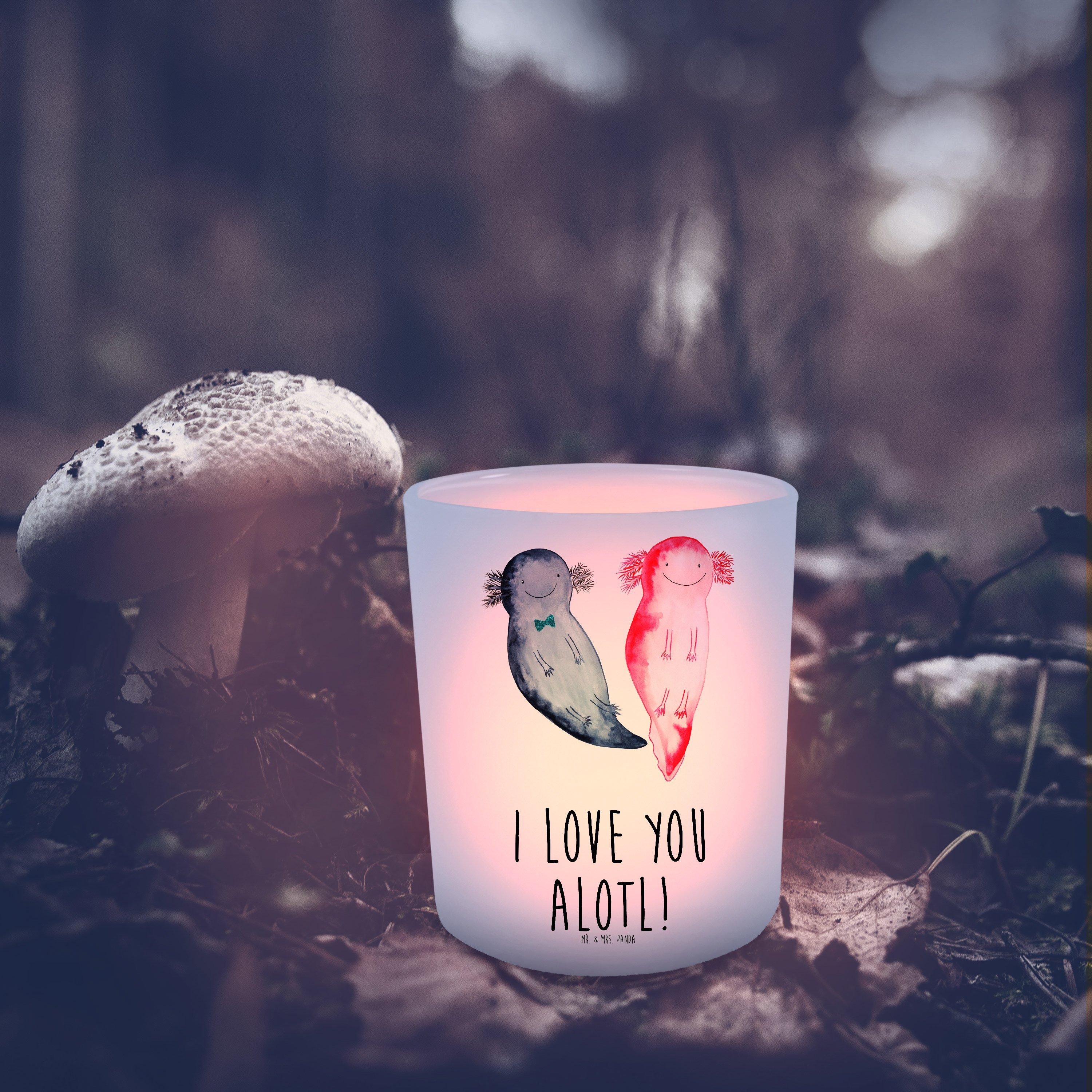 Mr. & Mrs. (1 Windlicht Transparent Panda Glas, - Liebe Axolotl Windlicht Teelichthalte Geschenk, St) 