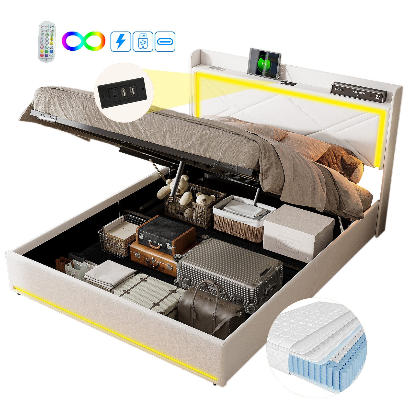 FUROKOY Polsterbett LED-Beleuchtung Kunstleder Hydraulisch Doppelbett günstig online kaufen