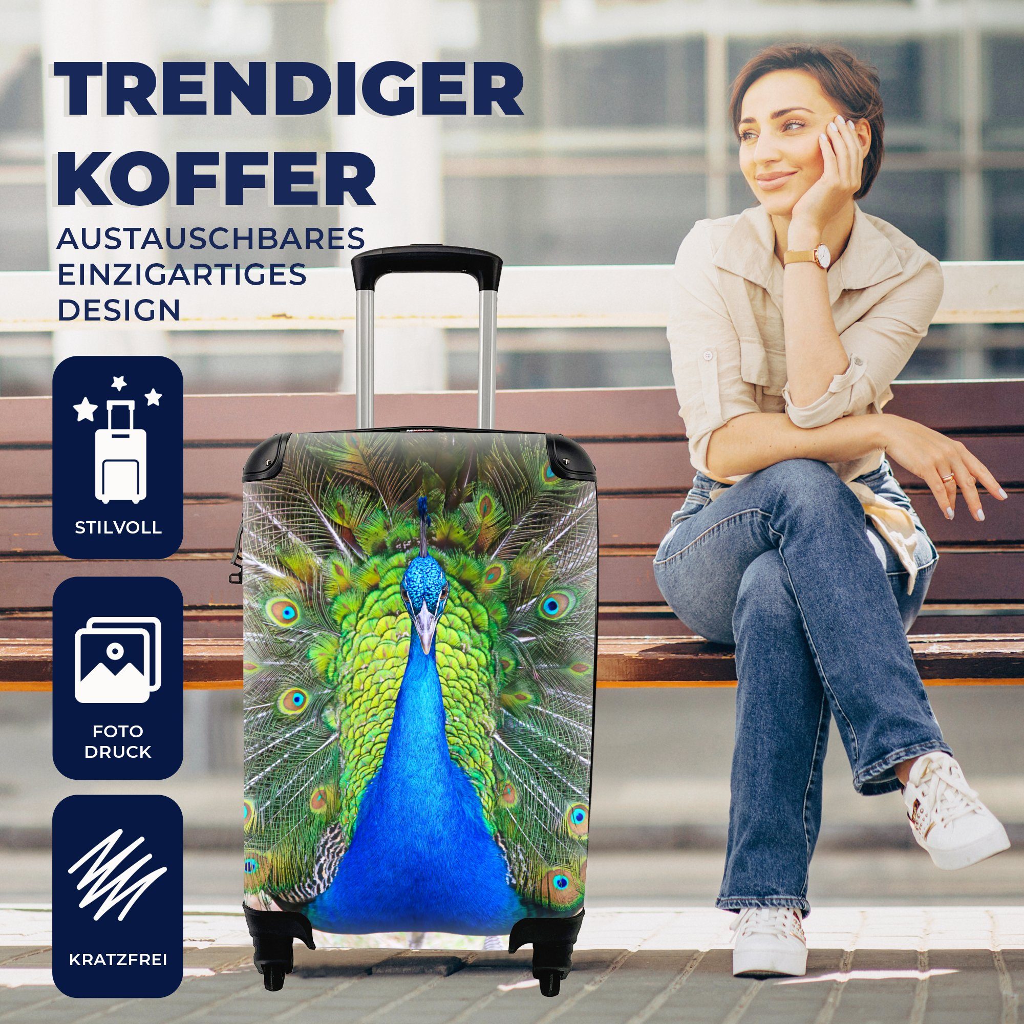 Blau Handgepäck Ferien, MuchoWow Trolley, - Grün, 4 Handgepäckkoffer Reisekoffer rollen, mit Reisetasche - für Pfau Rollen,