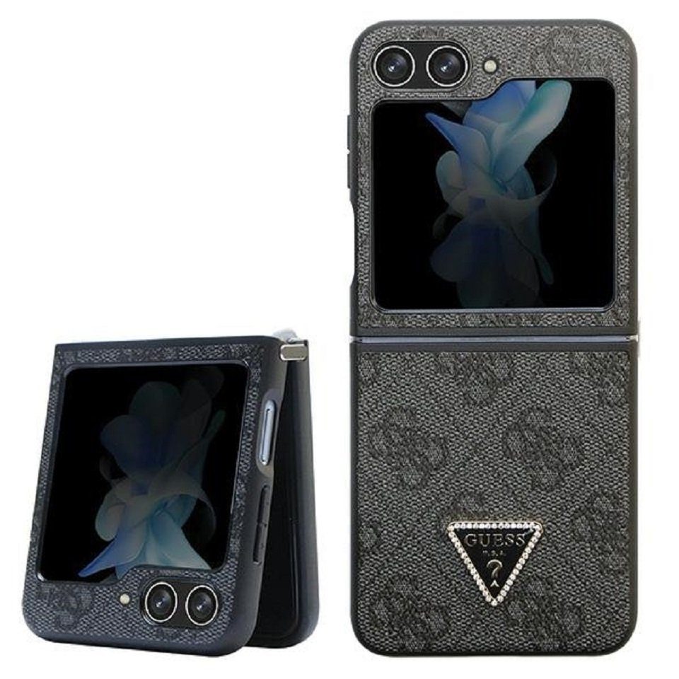Guess Handyhülle Case für Galaxy Z Flip 5 Kunstleder schwarz Triangle Strass 6,7 Zoll, Kantenschutz
