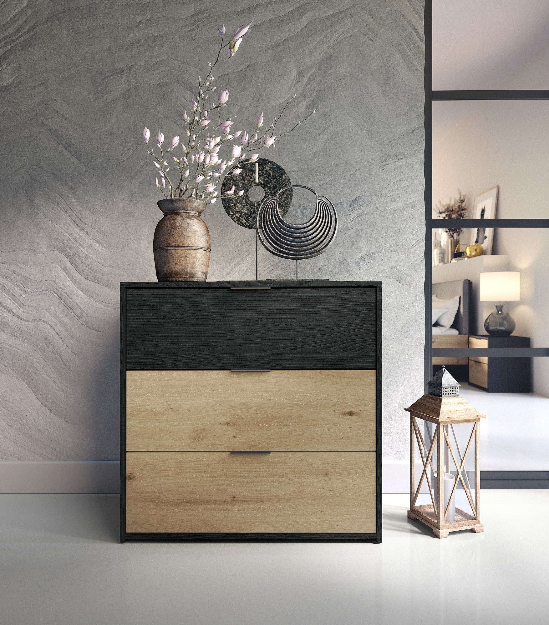 OTTO home Kommode PEERY Sideboard mit 3 Schubladen, Maße B/T/H: 80/40/79 cm, Moderner Schubladenschrank mit viel Stauraum und schwarzen Griffen