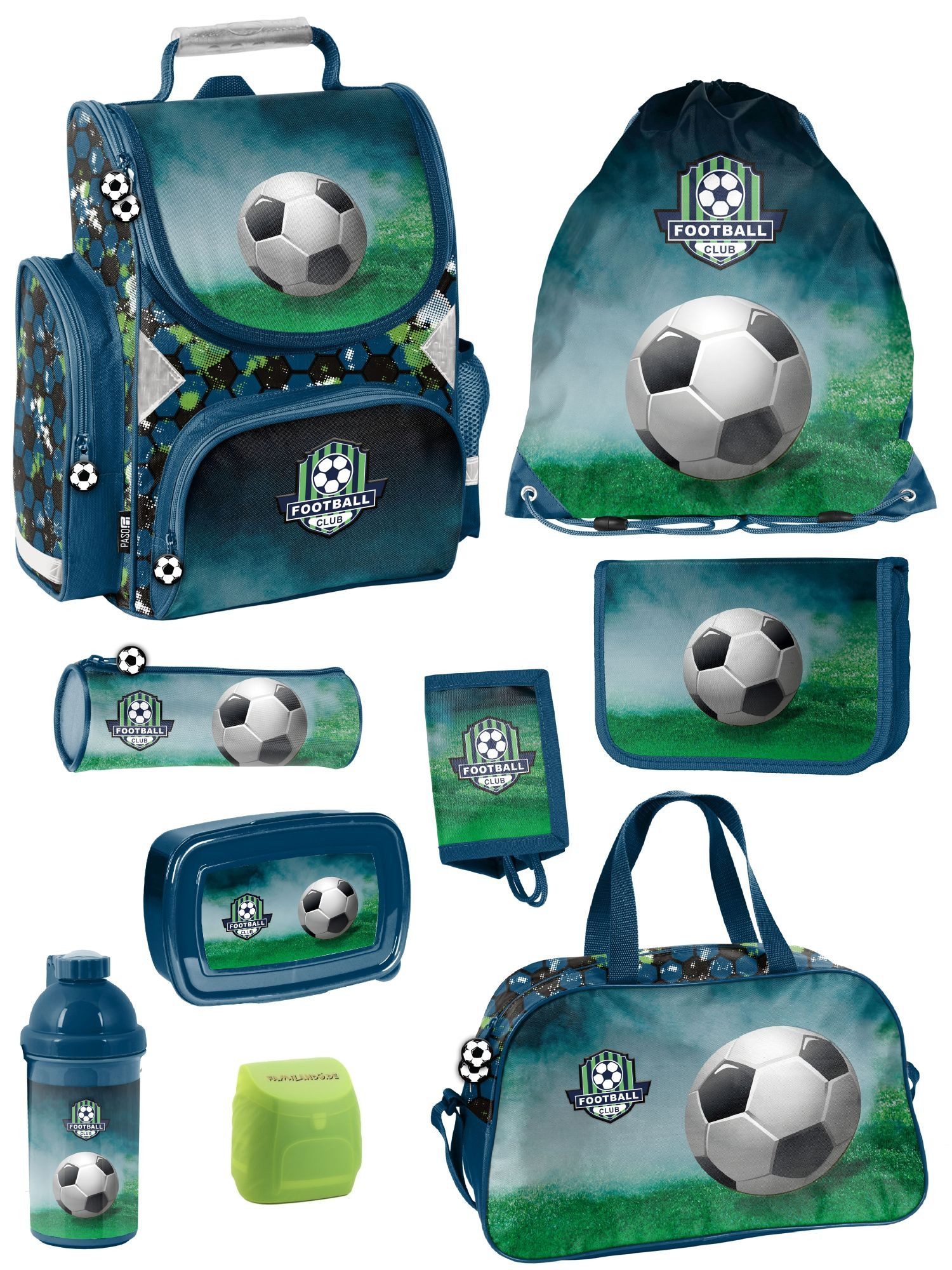 Familando Schulranzen 1.-3. Klasse ergonomisch, leicht, Volumen 15 Liter (Set, 9-tlg., inkl. Federmäppchen (gefüllt) und Sporttasche), Fussball Schultasche für Jungen, Blau